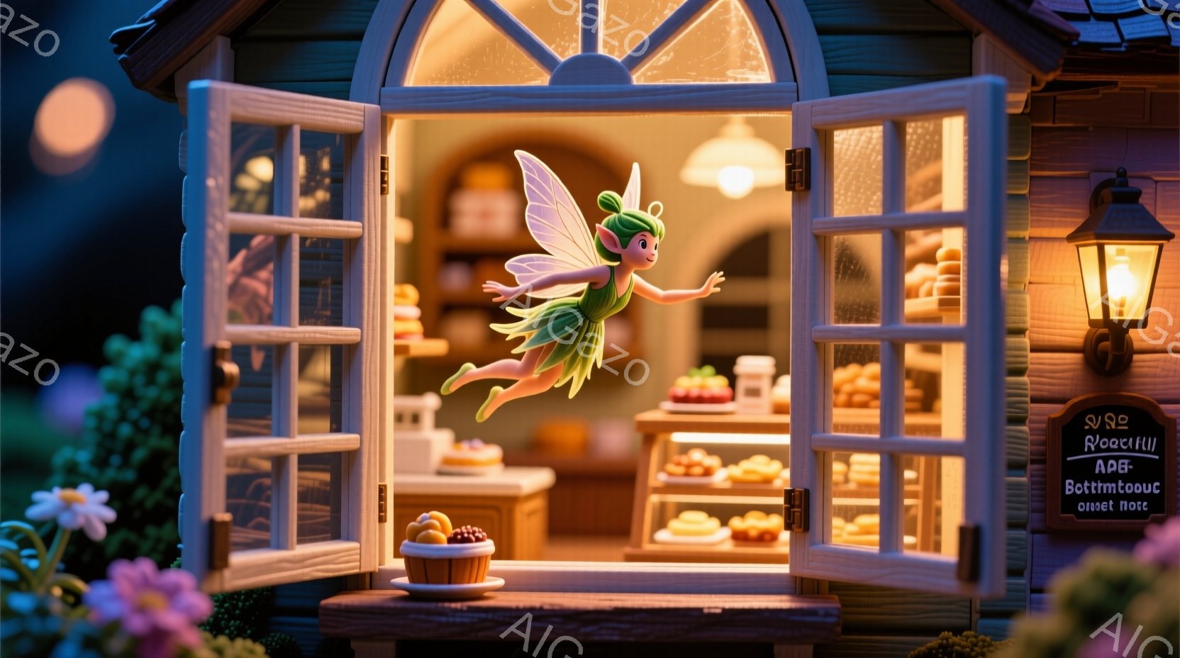 小さな妖精が窓から見えるパン屋の中を飛んでいる様子が描かれています。彼女は緑色のドレスと透明な羽を持ち、明るい笑顔を浮かべています。背景には様々なパンが並び、温かい光が灯る店内は、夢のような雰囲気を醸し出しています。