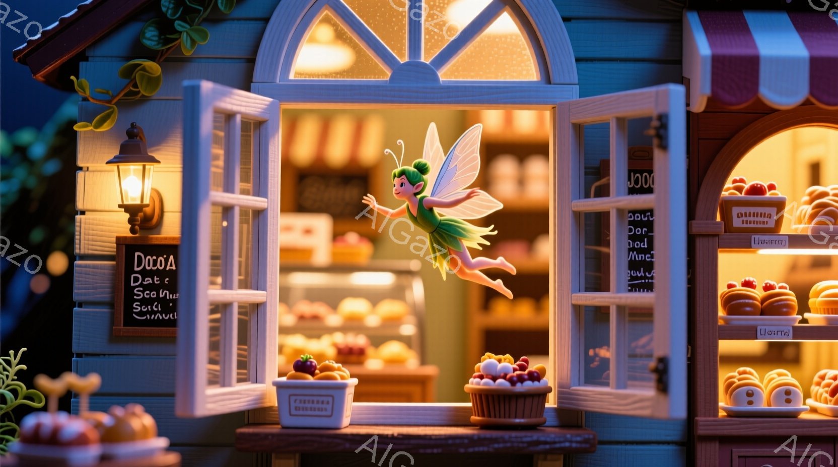 店のショーウィンドウの中に、緑色のドレスを着た妖精が空中でポーズをとっています。背景には、パンや焼き菓子が並んだ店内の様子が見え、暖かく柔らかな光が差し込んでいます。外観は可愛らしい小屋風で、窓辺には花が飾られ、全体的にファンタジーで温かい雰囲気を醸し出しています。