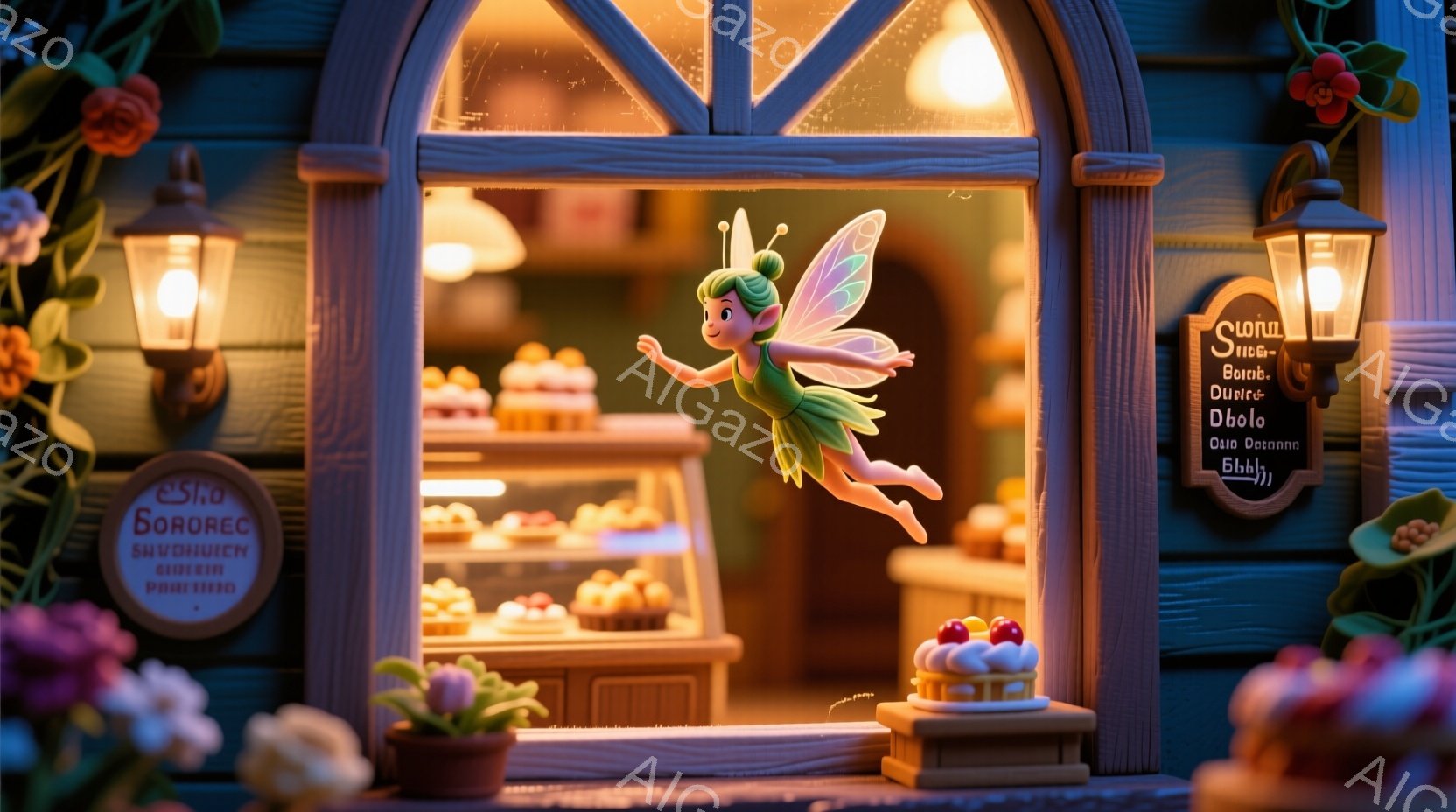 小さな妖精が、ケーキや焼き菓子が並んだ店内で飛んでいる様子が描かれています。妖精は緑色のドレスと、羽根の付いた帽子を身に着け、楽しげな表情で空中に浮かんでいます。背景には、可愛らしい装飾が施された店構えと、ピンク色の花々が咲き乱れる自然が広がっており、暖かく幻想的な雰囲気を醸し出しています。