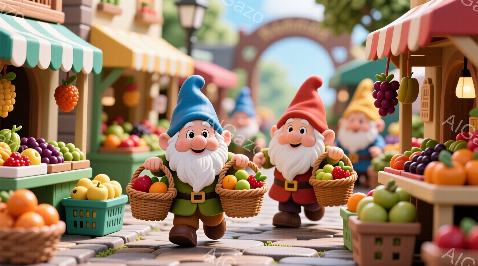 二人の小さな妖精のような人物が、それぞれ満載のバスケットを抱えて道を歩いています。彼らは緑色のベストと茶色のズボンを身につけ、片方は赤い帽子、もう片方は青い帽子をかぶっています。背景には果物や野菜を売 - AI生成フリー素材