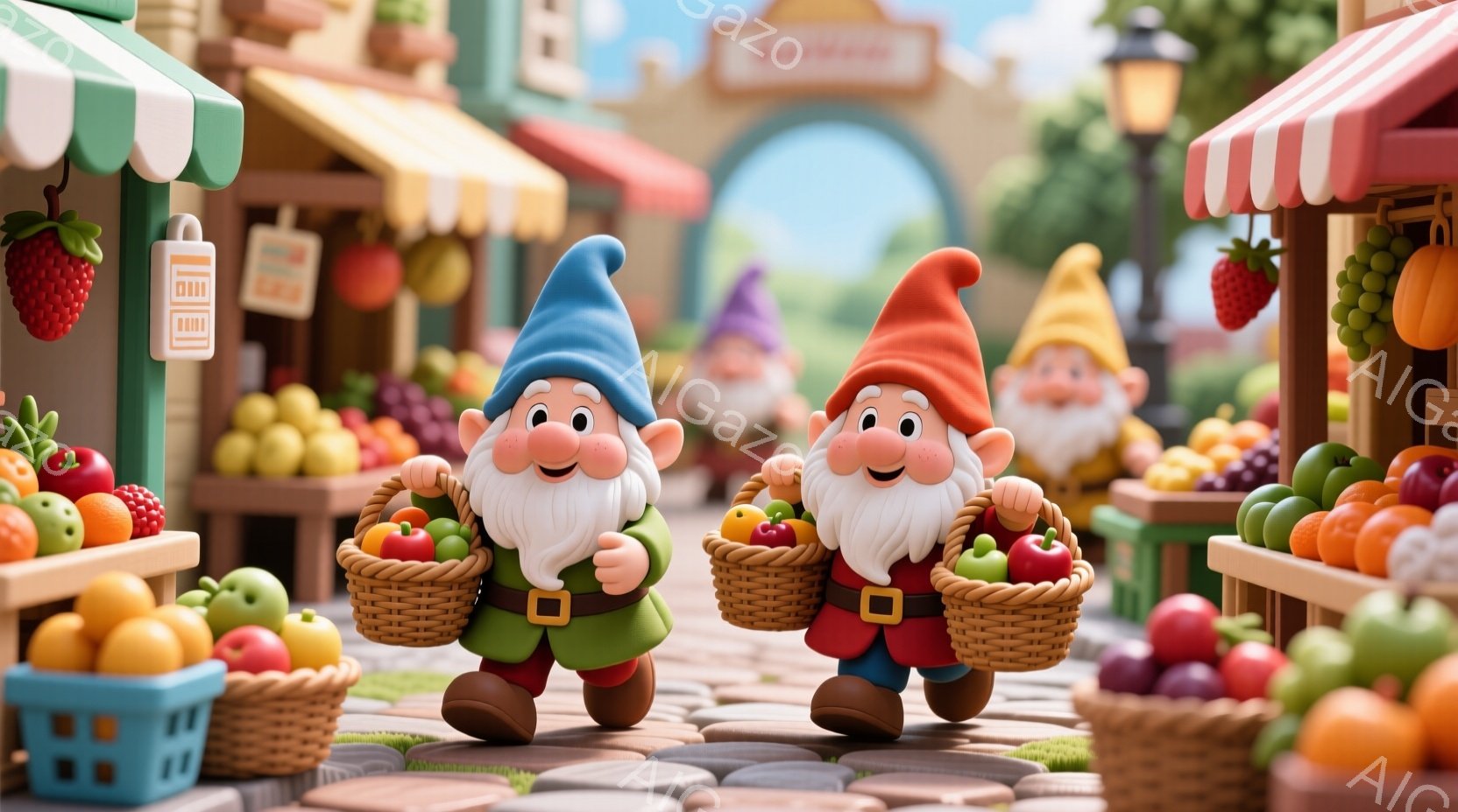 可愛らしい2人の小人が、それぞれ果物がたくさん入ったバスケットを抱えて歩いています。彼らは赤いシャツに緑色のズボン、そして特徴的な尖った帽子を被っており、満面の笑みを浮かべています。背景には、カラフルな果物や野菜を並べた市場の屋台が並び、遠くにはアーチ状の入り口と緑豊かな自然が見え、明るく楽しい雰囲気を醸し出しています。