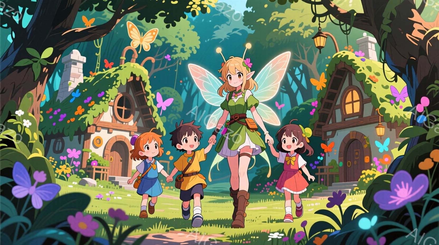 明るい緑の草原を、羽を持つ妖精の少女を中心に、二人の子供たちが手をつないで歩いている。妖精は緑色の服に茶色の髪を結い、微笑んでいる。背景には可愛らしい家々が点在し、色とりどりの花が咲き乱れ、蝶が舞う、暖かく幻想的な雰囲気のイラストである。