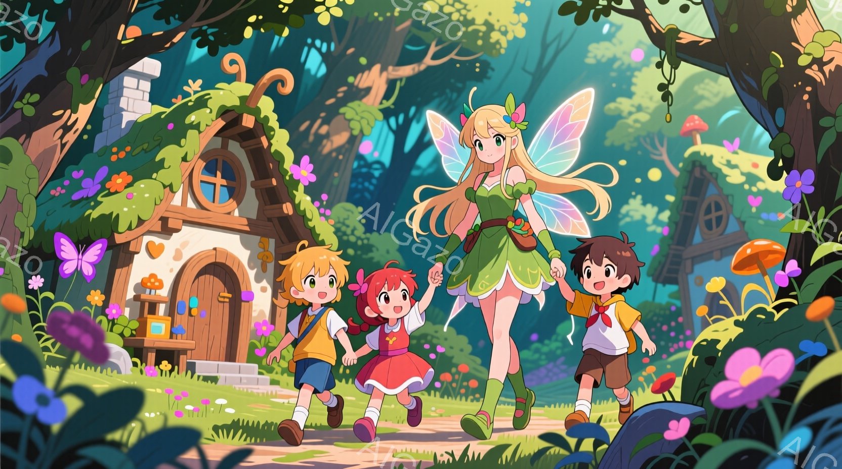 明るい緑色の森の中を、妖精のような少女と三人の子供たちが手をつないで歩いている。妖精の少女は緑色のドレスと、透明な羽を持ち、明るい笑顔を浮かべている。背景には可愛らしいキノコ型の家々や、色とりどりの花 - AI生成フリー素材