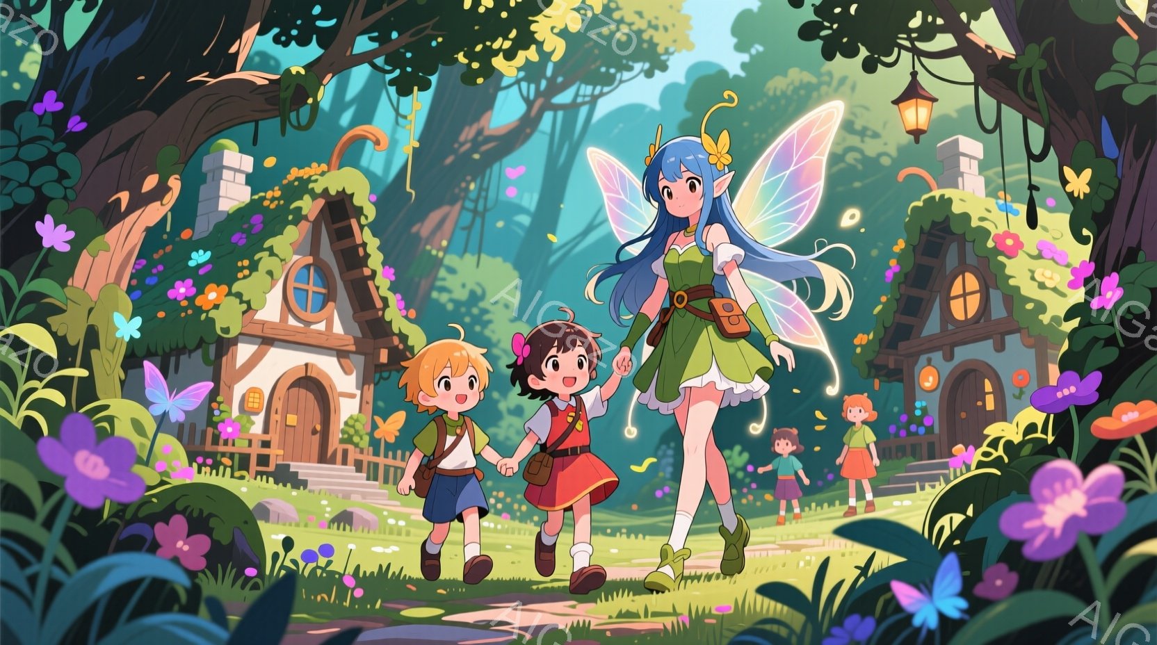 明るい緑色の森の中を、小さな子供二人と妖精のような少女が手をつないで歩いている。少女は緑色のドレスとブーツを身につけ、金髪で長い髪を三つ編みにし、背中には羽が生えている。背景には、可愛らしい家々が点在し、色とりどりの花や蝶が舞い、陽光が差し込む暖かく幻想的な雰囲気である。