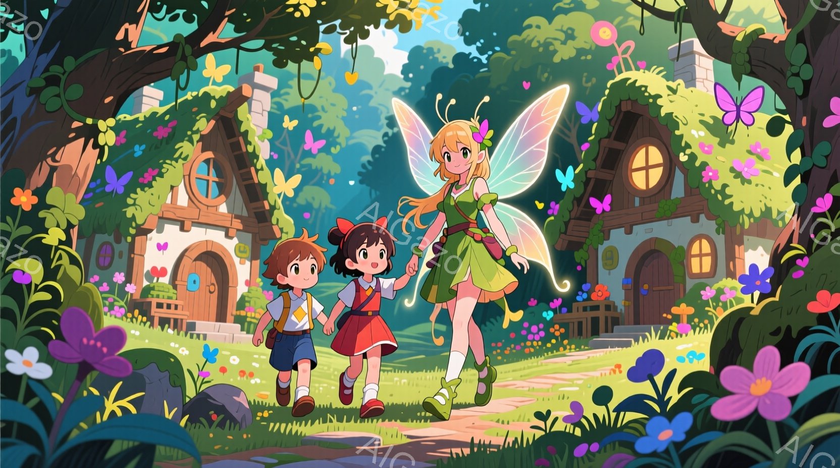 少年と妖精の少女が、花々が咲き乱れる小道を手をつないで歩いている。少年はリュックサックを背負い、赤い髪で活発な表情をしている。背景には、可愛らしい家々が点在し、緑豊かな自然が広がっており、温かく幻想的 - AI生成フリー素材