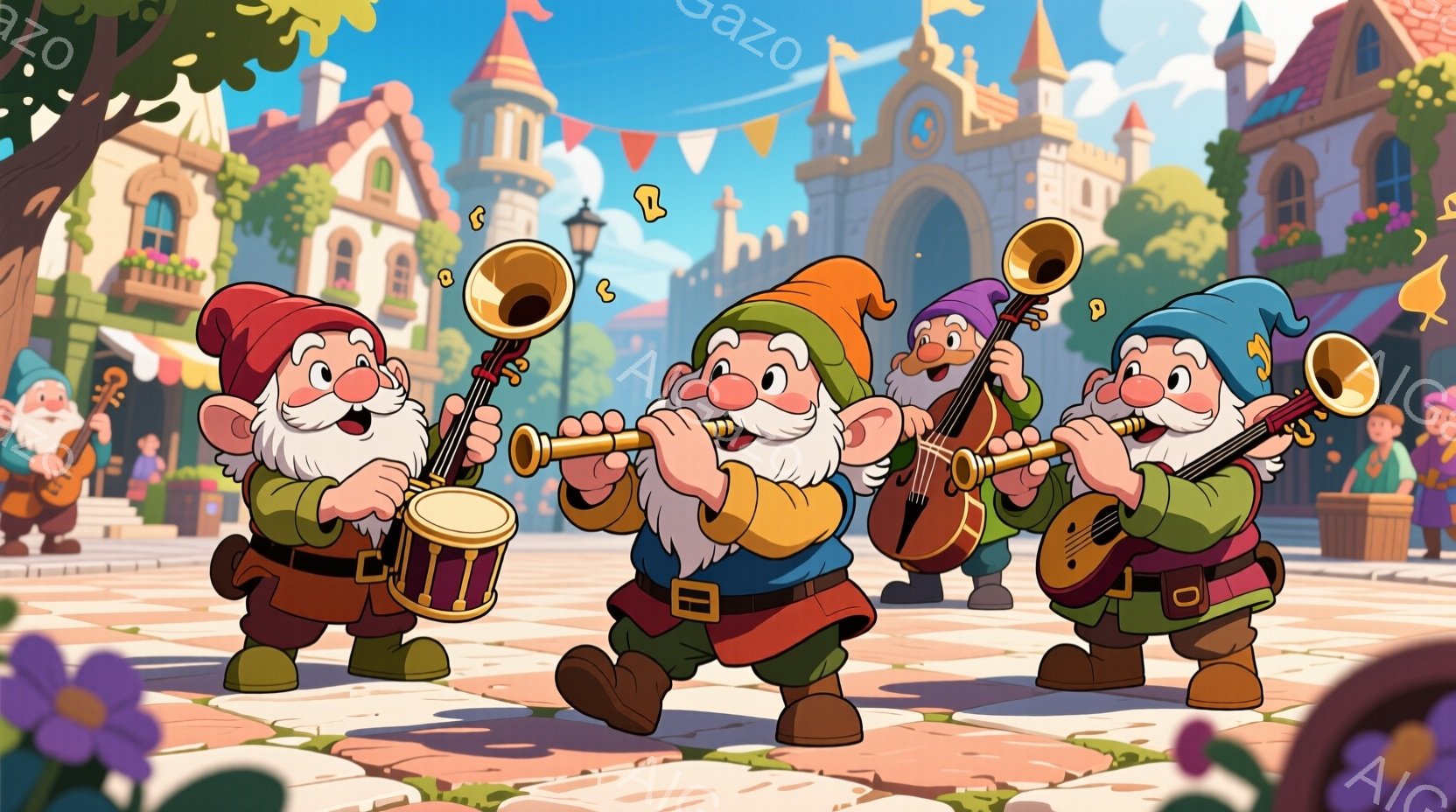 小さな妖精のような男たちが、それぞれドラム、トランペット、ベースを演奏しており、楽しそうな表情をしています。彼らは赤い帽子と緑色の服を着ており、腰には茶色のベルトが巻かれています。背景には、カラフルな - AI生成フリー素材