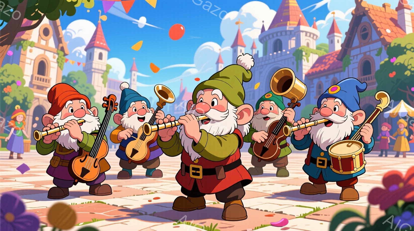 小柄な男たちが楽器を演奏しながら行進しています。彼らはそれぞれバイオリン、トランペット、クラリネット、太鼓を演奏し、赤いジャケットとベルト、色とりどりの帽子を身につけています。背景には、カラフルな屋根を持つお城や建物が見え、空には風船が舞い、お祭りやイベントのような華やかな雰囲気が漂っています。