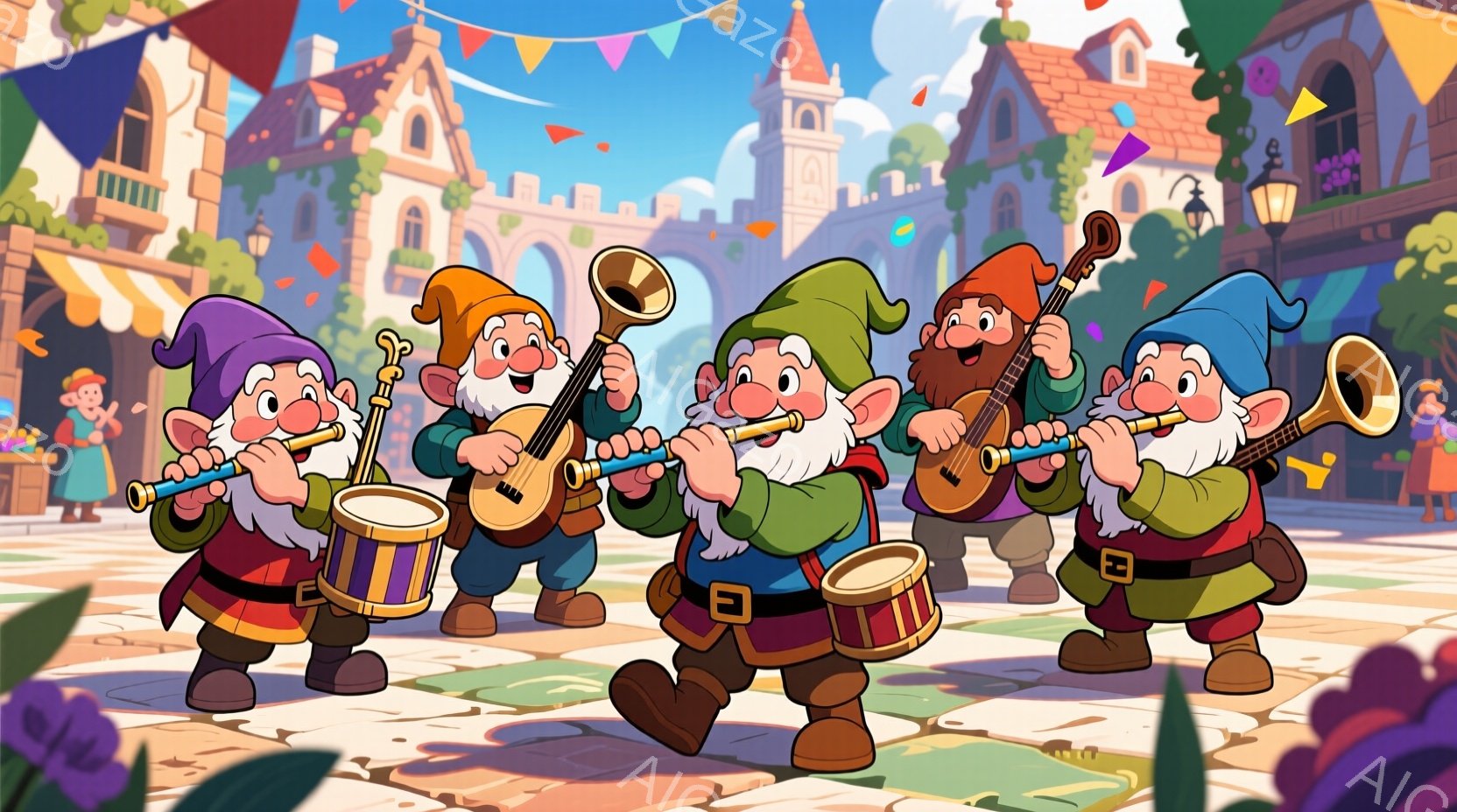 4人の小人がカラフルな衣装を身につけ、それぞれトランペット、太鼓、マンドリン、フルートを演奏している。彼らは皆笑顔で、活気に満ちた遊歩道を歩いている。背景には、色とりどりの建物、塔、花壇、そして晴れた空が広がり、お祭りやパレードのような、楽しげな雰囲気を醸し出している。