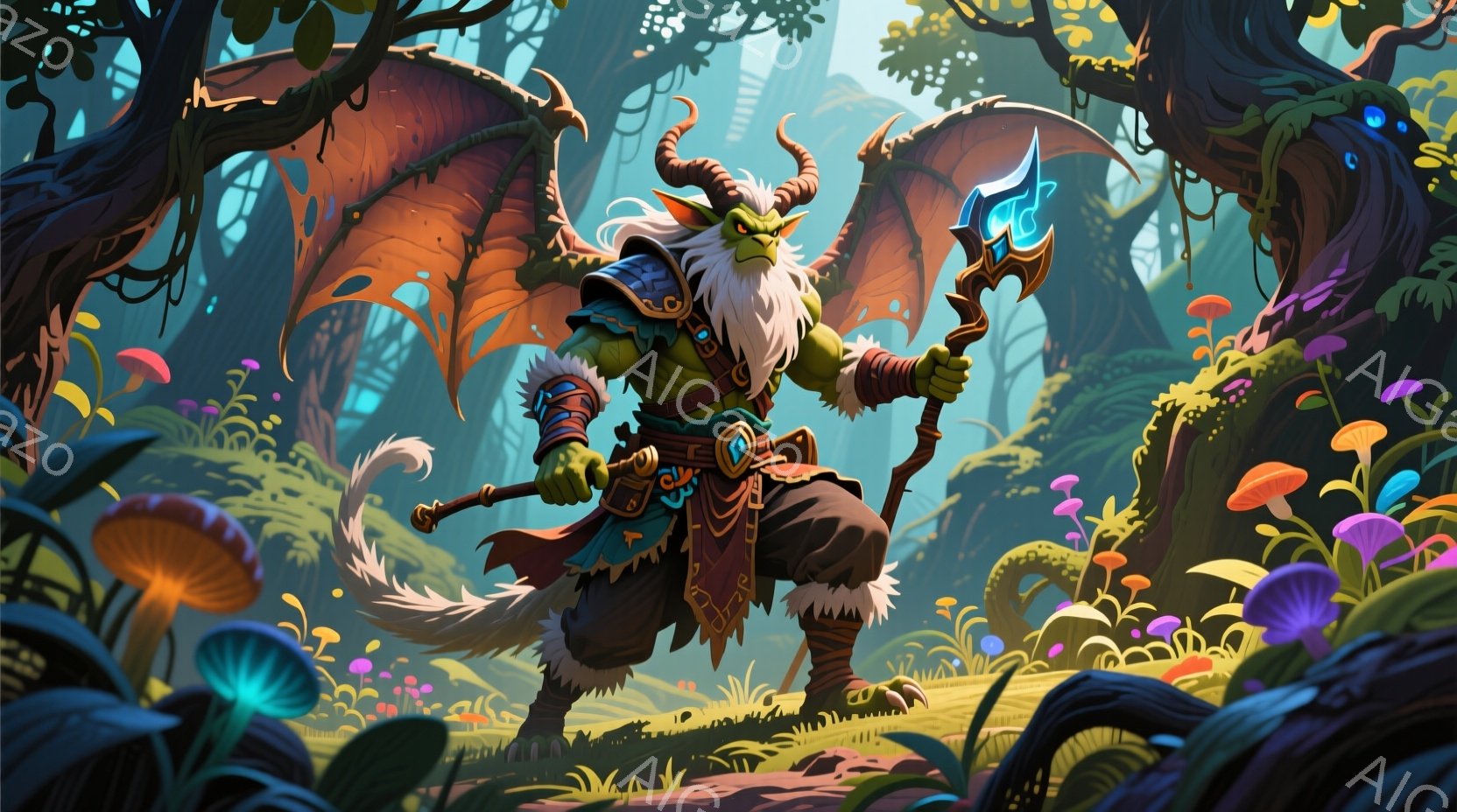 緑色の肌をしたオークの戦士が、ふさふさとした白い髪と角を持ち、獣のような表情をしています。彼は毛皮のトリミングが付いた革製の鎧を身につけ、手には青い宝石が埋め込まれた杖を持っています。背景には、色とりどりのキノコが生い茂る神秘的な森が広がり、全体的にファンタジー的で冒険心あふれる雰囲気です。