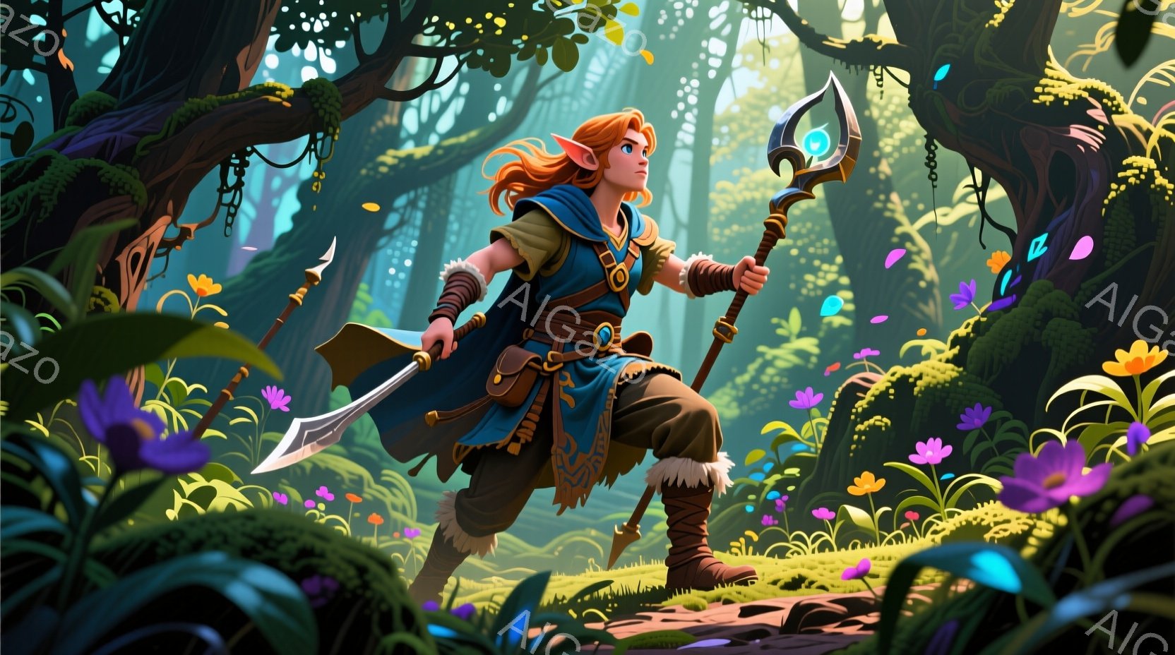明るい赤毛を腰まで伸ばした女性が、青とオレンジの衣装を身につけ、手には独特な形状の槍を持っています。彼女は片足を前に出し、森の中を歩いている途中であり、決意に満ちた表情をしています。背景には緑豊かな植物が生い茂り、太陽の光が差し込み、神秘的で活気のある雰囲気を作り出しています。