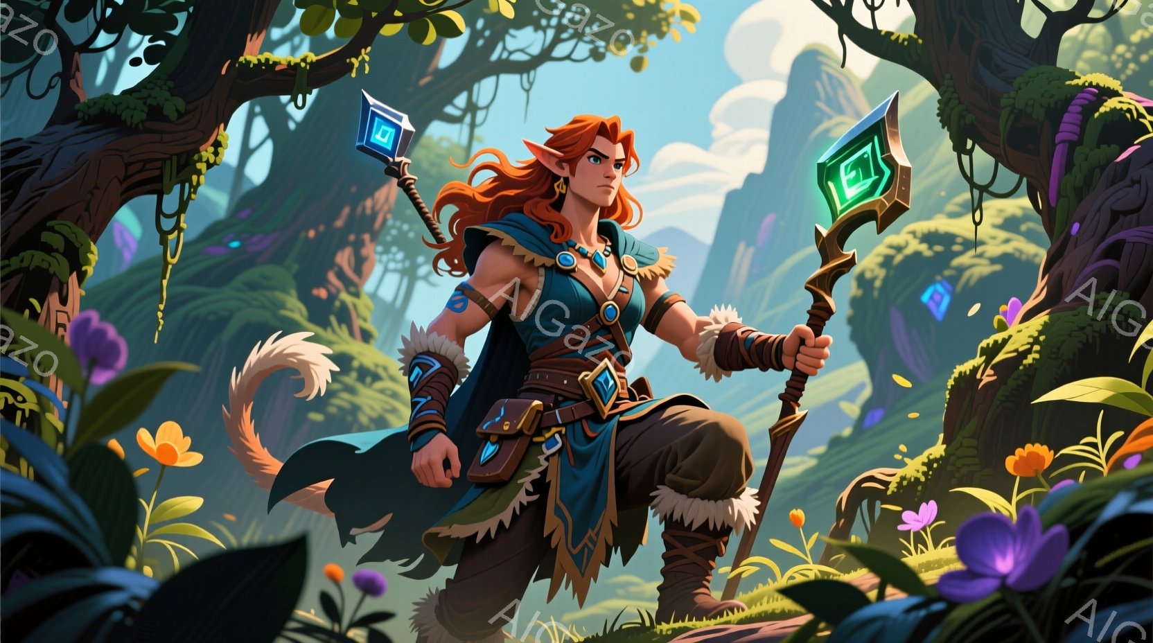 赤毛の女性は、毛皮の縁取りのある革製の鎧と、緑色の胸当てを身につけている。彼女は片手に装飾的なシャフトと青い結晶を備えた杖を持ち、自信に満ちた表情で前を見据えている。背景には、茂った植物、鮮やかな花々、そして歪んだ木々が生い茂る、緑豊かな自然の中にいる様子が描かれている。