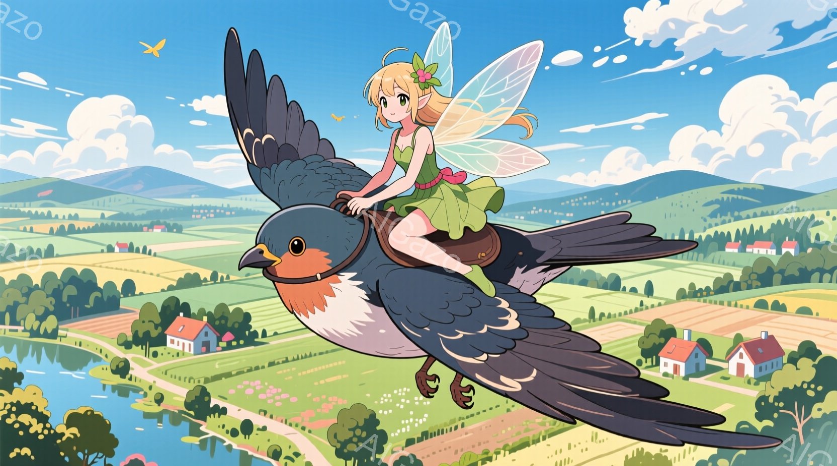 金髪で緑色のドレスを着た少女が、大きな鳥の背中に乗って空を飛んでいる。少女は笑顔で、鳥の羽と緑のドレスが風になびいている。背景には、牧歌的な風景が広がり、小川や家々、緑豊かな畑が見え、晴れた空には白い雲が浮かんでいる。
