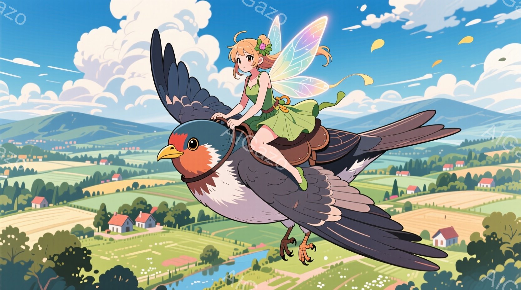 明るい緑色のワンピースを着た少女が、大きな鳥の背中に乗って空を飛んでいる。彼女は金髪の髪を三つ編みにし、顔には明るい笑顔が浮かんでいる。背景には、緑豊かな田園風景と小さな村が見え、晴れた空には白い雲が - AI生成フリー素材