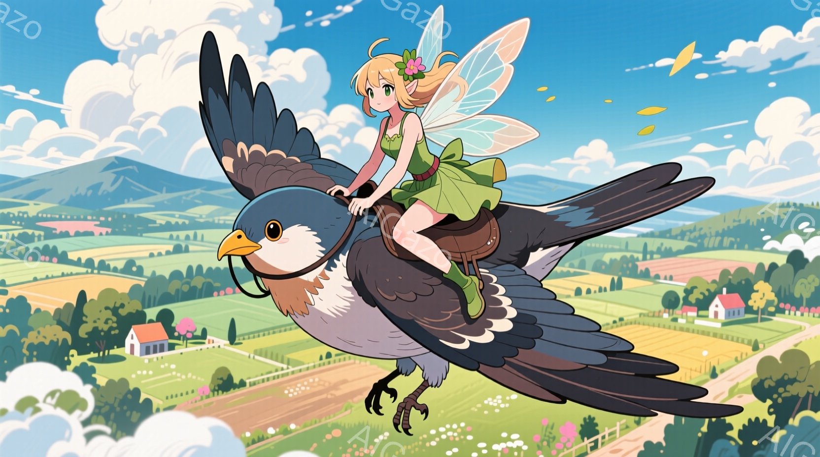 明るい緑色のドレスを着た少女が、大きな鳥の背中に乗って空を飛んでいます。彼女は金色の髪をツインテールにし、笑顔で前を見据えています。背景には、畑や家々が広がる穏やかな田園風景が広がり、晴天の下、暖かい雰囲気を感じさせます。
