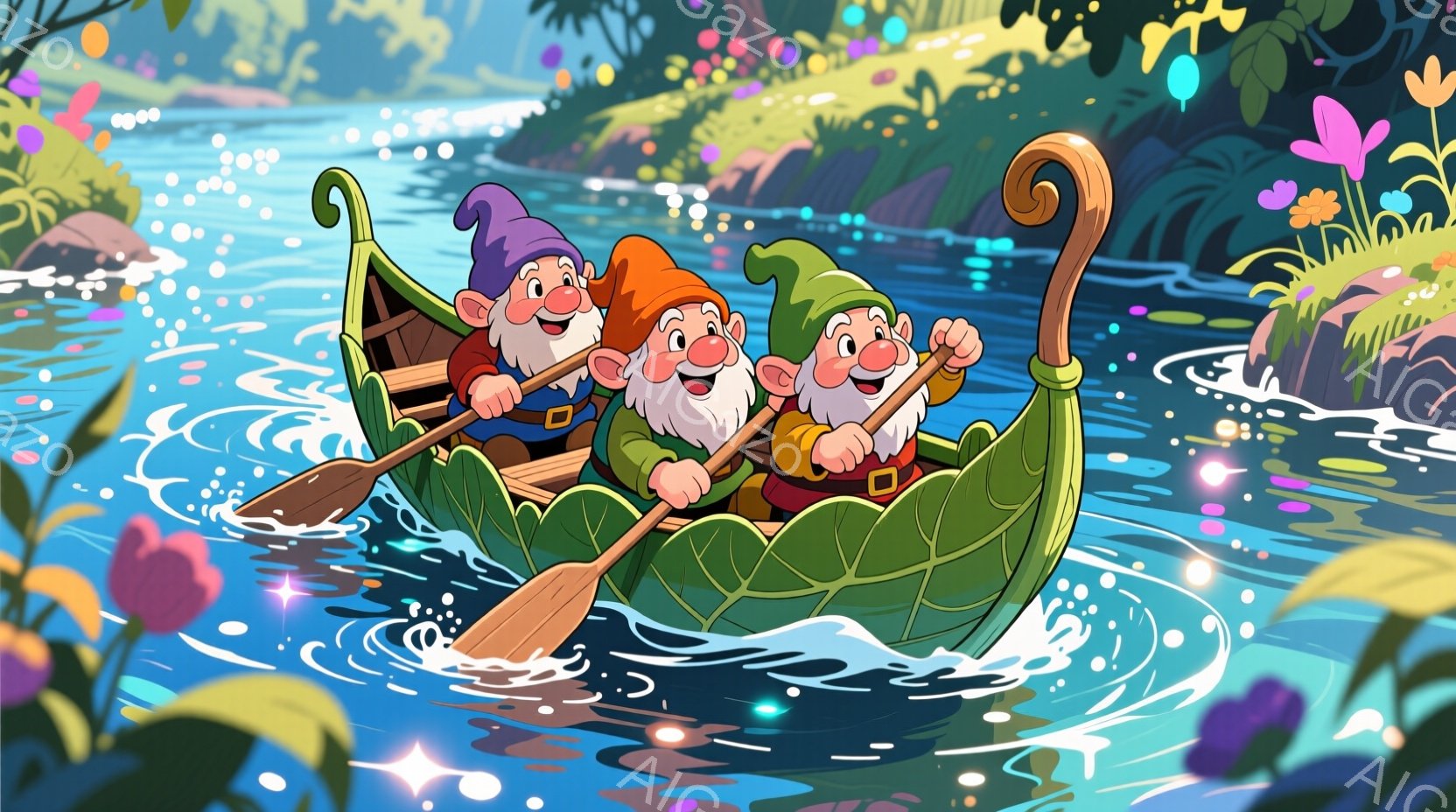葉っぱで作られた小さなボートに乗った3人の小人が描かれています。彼らはそれぞれ赤、黄、緑の帽子をかぶり、笑顔でオールを漕いでいます。背景は鮮やかな花々や緑豊かな植物に囲まれた、きらめく水面が広がる幻想的な自然の風景で、陽気で楽しい雰囲気が漂っています。