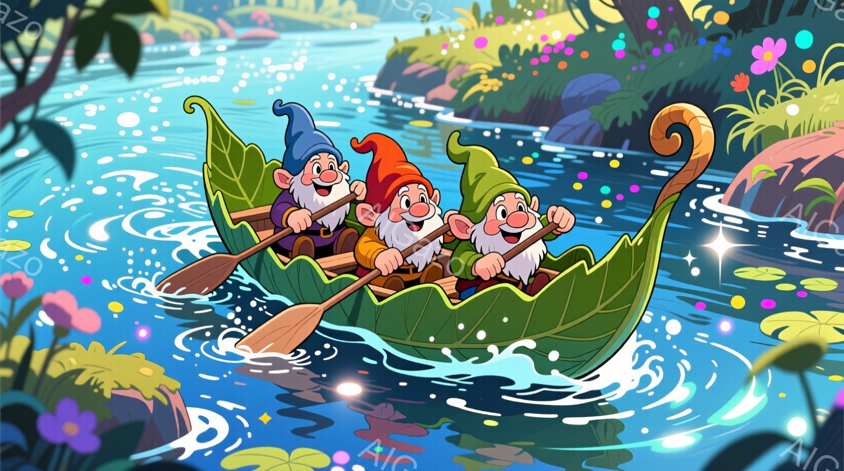 緑の葉っぱで作られたボートに乗って川を下る3人の小人が描かれています。彼らは皆、赤い帽子と青い服を着ており、楽しそうな表情でオールを漕いでいます。背景には、緑豊かな植物と色とりどりの花が咲き乱れ、水面にはきらめく光が反射し、幻想的な雰囲気を醸し出しています。