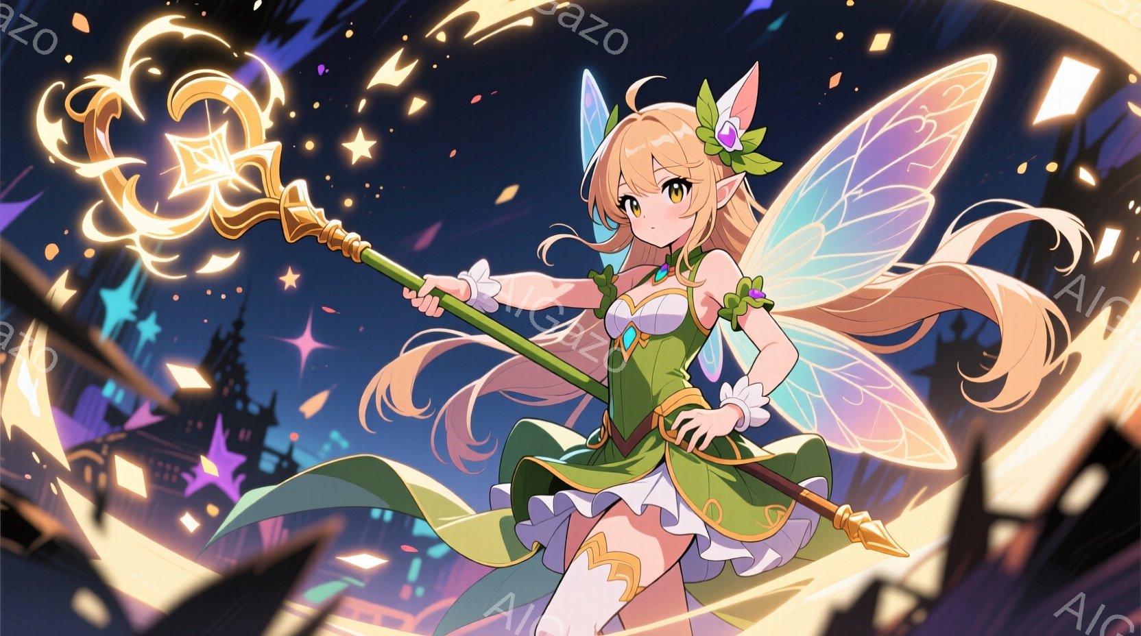 明るい緑色のドレスを着た金髪の少女が描かれています。彼女は背中に透き通った羽を持ち、右手に魔法の杖を持って空中に浮かんでいます。背景には、夜空に輝く星と、遠くに見える建物のシルエットがぼんやりと見え、幻想的な雰囲気を醸し出しています。