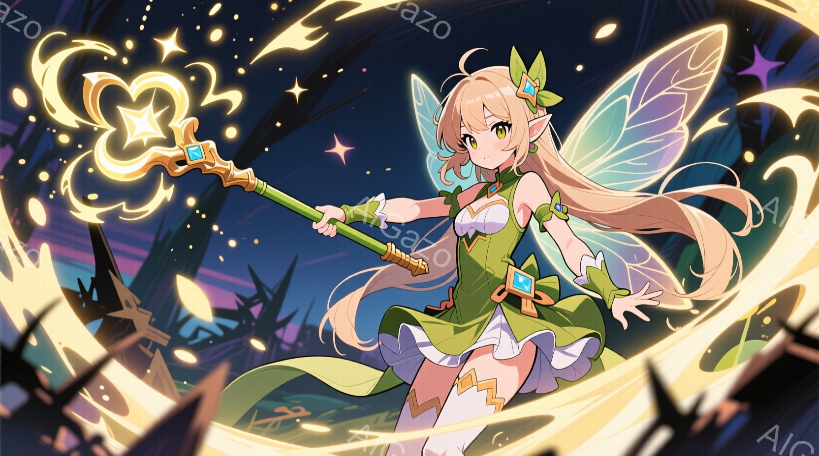 金髪の長い髪を結んだ少女が、緑と黄色の衣装を身につけ、魔法の杖を構えています。彼女は片足を高く上げ、躍動感のあるポーズで、まるで空を舞っているかのようです。背景にはシルエットの建物と星が散りばめられており、幻想的で明るい雰囲気を作り出しています。