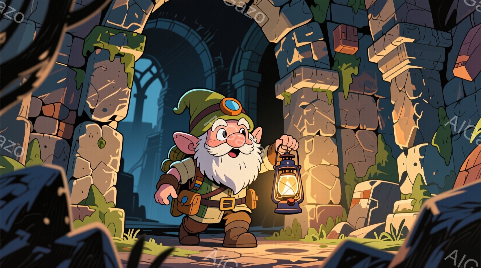 小柄な老人が、緑色の帽子と茶色のズボンを身に着け、懐中電灯を持って石造りの通路を歩いている。白い顎髭とふっくらとした頬は親しみやすい表情を作り出し、その眼差しはどこか希望に満ちている。背景には、苔むした石壁とアーチ状の通路が広がり、薄暗く神秘的な雰囲気を醸し出している。