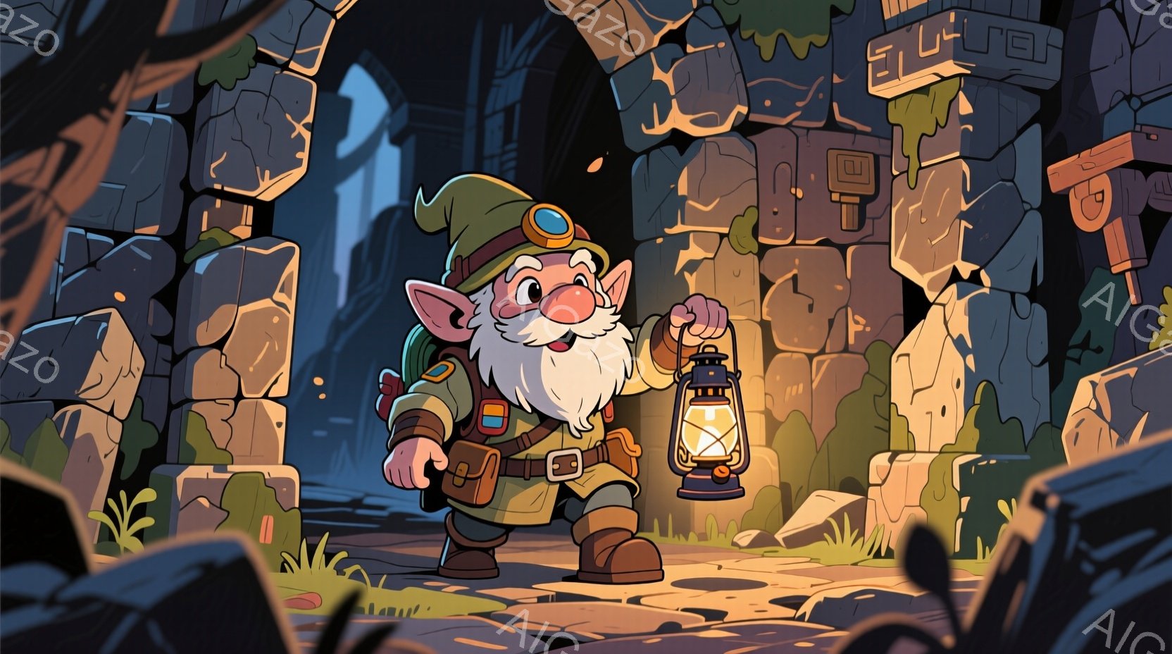 白い長い髭と帽子をかぶった小柄な男性が、古い石造りのトンネル内でランタンを高く掲げて立っている。彼は茶色のジャケットとズボン、革のブーツを身につけ、どこか陽気な表情をしている。背景は苔むした石壁と崩れかけたアーチで構成され、薄暗く神秘的な雰囲気を感じさせる。