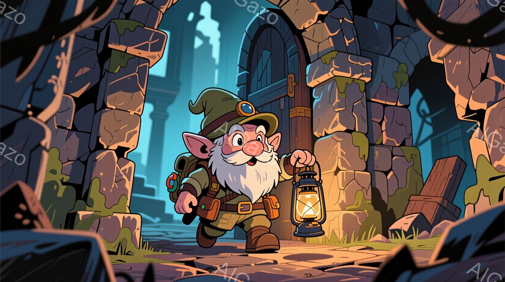 白髪で豊かな髭を持つ小さな男が、緑色の帽子と茶色の服を着て、手に提灯を持って石造りの遺跡の中を歩いている。彼の表情は明るく、少し興奮しているようで、遺跡の崩れた壁や瓦礫に囲まれながら前進している。背景 - AI生成フリー素材