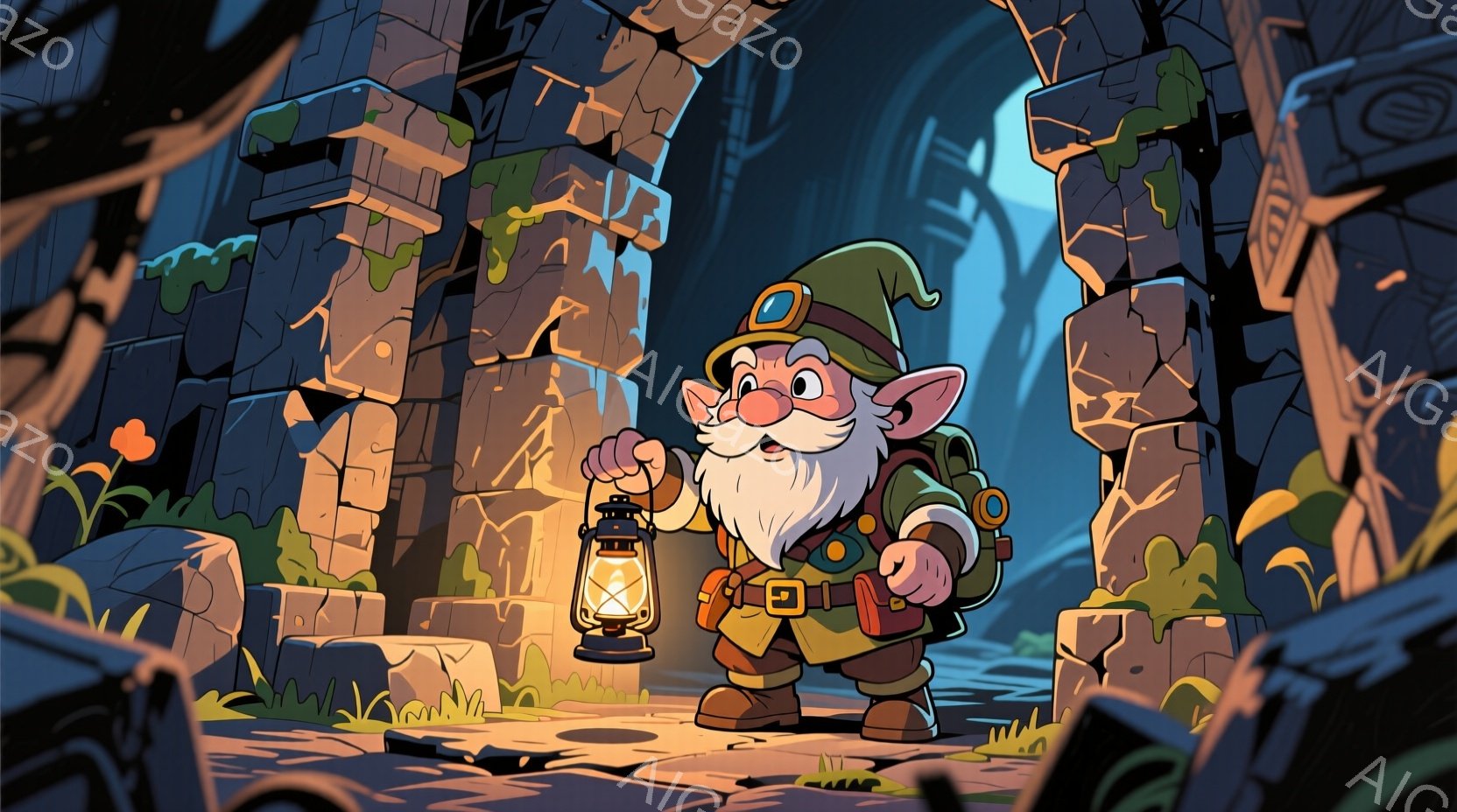 白いひげを蓄えた小柄な男が、緑色の帽子と茶色の服を着て、手に提灯を持って立っている。彼は笑顔で、少し困ったような表情を浮かべている。背景には、苔むした石柱や植物が生い茂る洞窟のような場所が描かれており - AI生成フリー素材