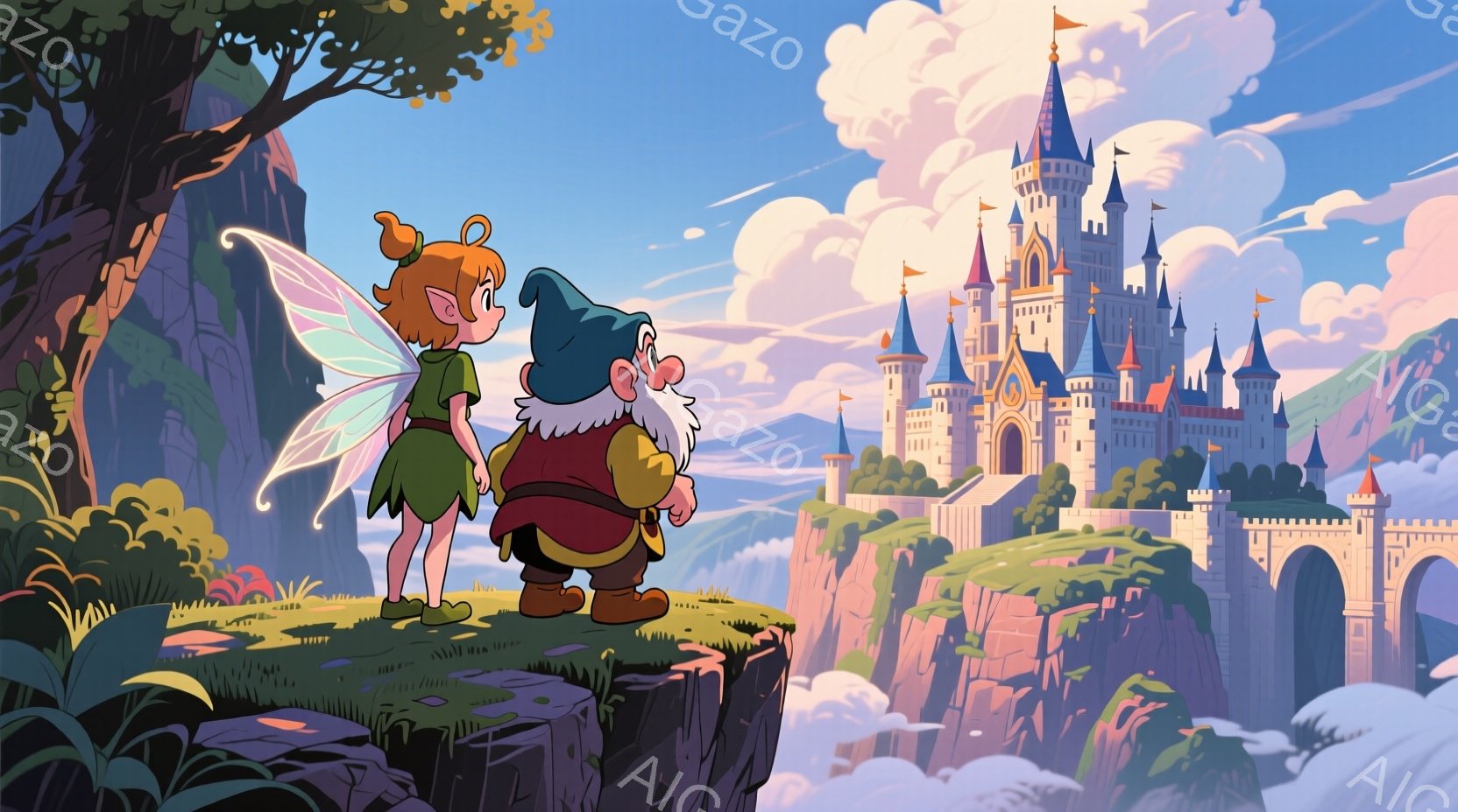 明るい緑の服を着た少女と、赤い帽子と服を着た小柄な男が、雲の上に建つ壮大な城を見上げている。少女はオレンジ色の髪を三つ編みにし、男は白いひげを生やし、どちらも驚きと希望に満ちた表情をしている。背景には、青い空と白い雲、そして緑豊かな山々が広がり、全体的に幻想的で冒険心あふれる雰囲気である。
