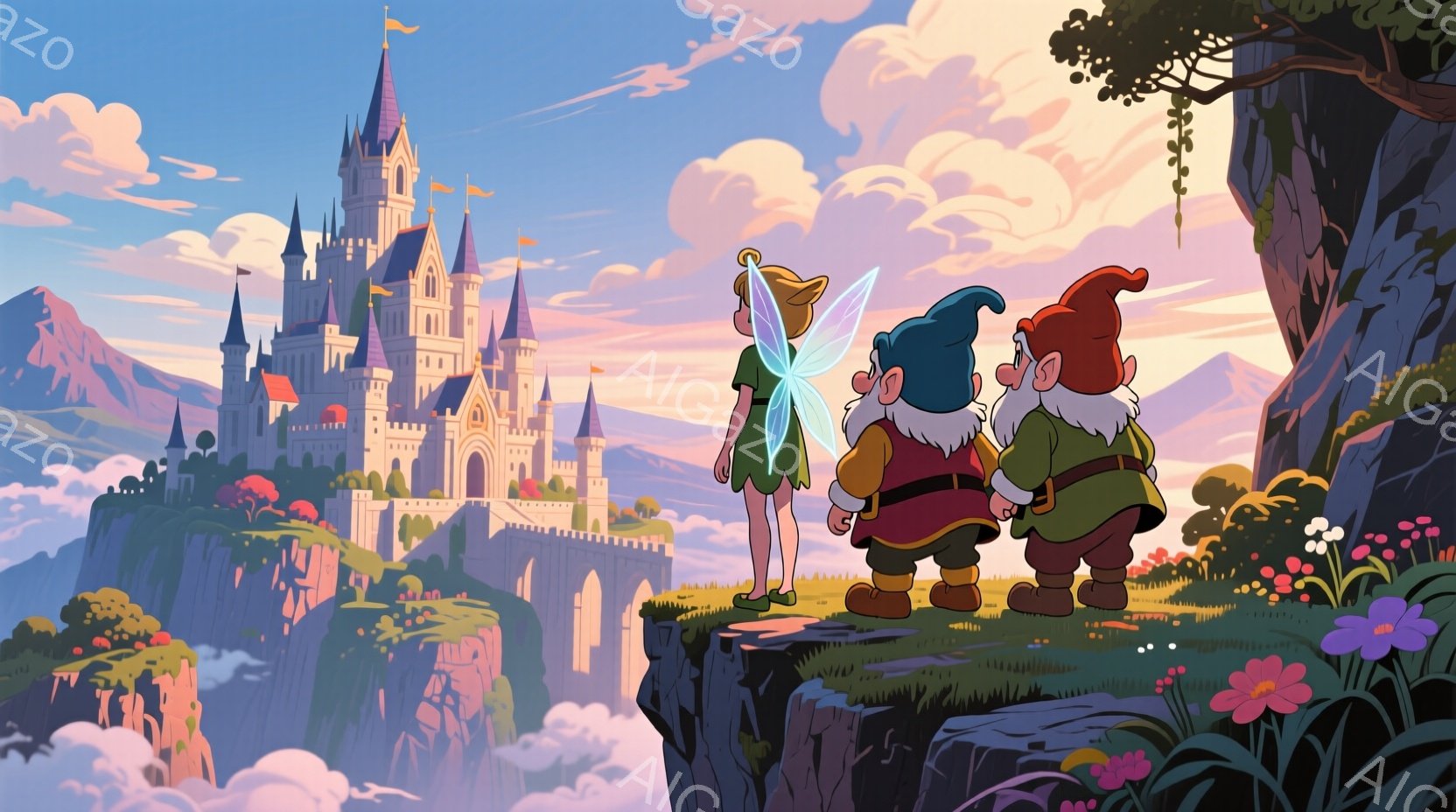 岩山の頂上に、緑色の服を着た妖精と、赤い帽子と白いひげを生やした二人の小人が立っている。彼らは遠くに見える壮大な城を見上げ、驚きと感嘆の表情を浮かべている。背景には雲海が広がり、夕焼け空が美しいグラデーションを描き、幻想的な雰囲気を醸し出している。