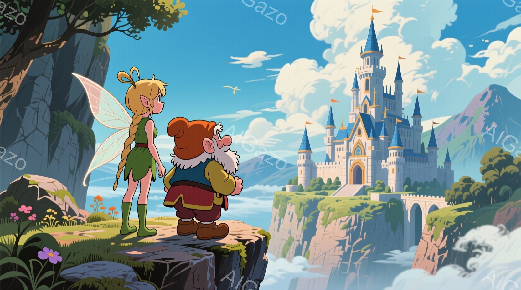 緑の服を着た妖精のような女性と、赤い帽子をかぶった白いひげの老人（ドワーフのような姿）が、崖の上に立って壮大な城を見下ろしています。城は青い屋根と高い塔を持ち、周囲には緑豊かな丘と滝が広がっています。 - AI生成フリー素材