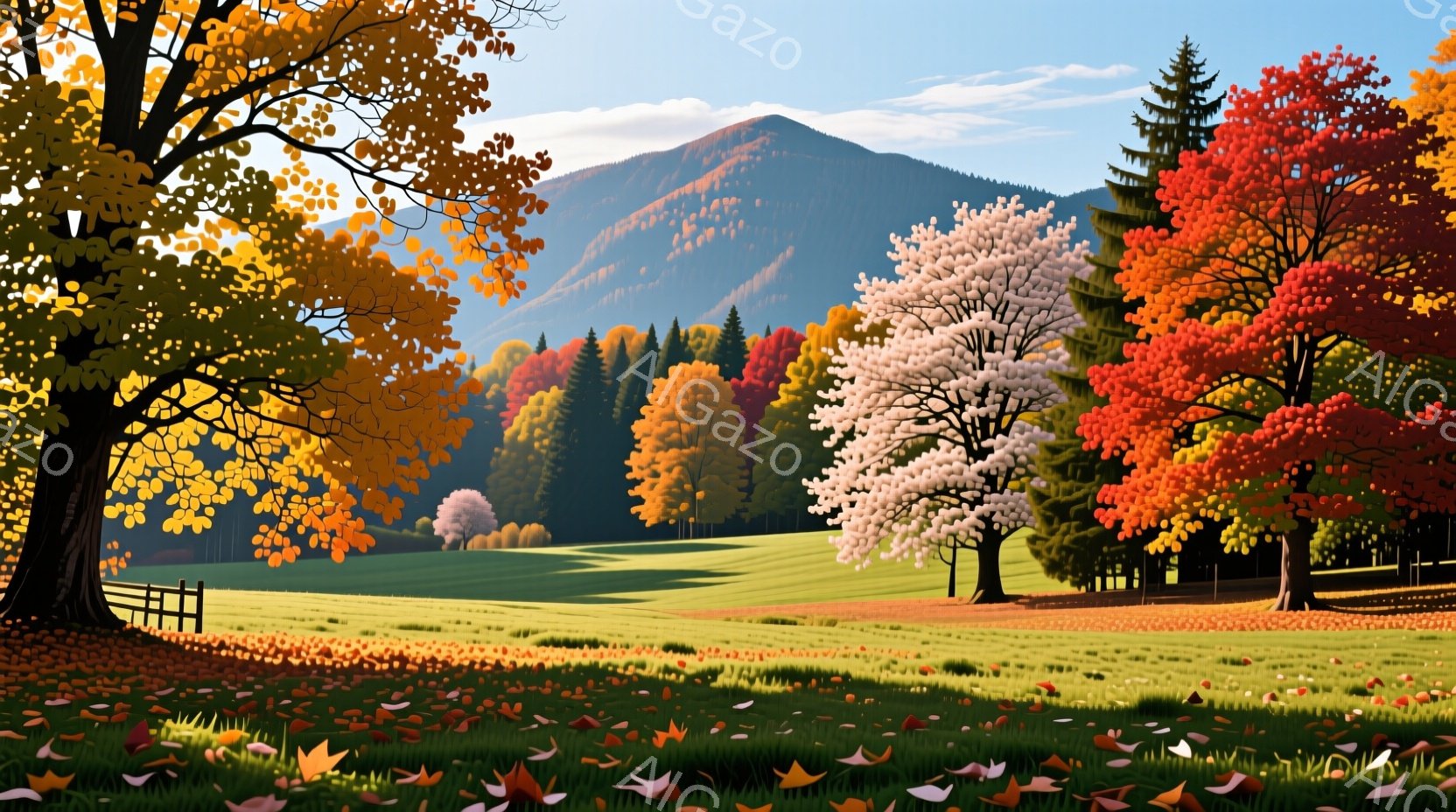 広大な緑の草原が広がり、背景には秋色に染まった山々が連なっている。鮮やかなオレンジ、ピンク、赤色の葉を持つ木々が点在し、地面には落ち葉が散らばっている。穏やかな日差しが差し込み、平和で牧歌的な雰囲気を - AI生成フリー素材