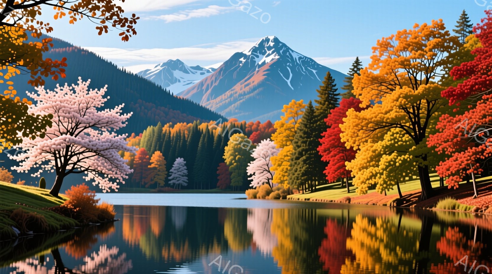 鮮やかな秋の風景が描かれており、湖面に周囲の木々の赤、オレンジ、黄色の色彩が美しく映り込んでいる。遠景には雪を抱いた山々がそびえ立ち、澄んだ青空と緑豊かな森林が穏やかな雰囲気を醸し出している。湖畔には点在する木々が彩りを添え、自然の静寂と美しさが感じられる。