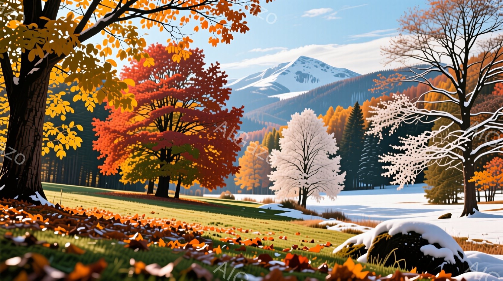 赤やオレンジ、黄色に染まった木々と、雪を抱いた山々が広がる景色です。地面には散った紅葉が舞い、冬の訪れを感じさせるコントラストが美しいです。空は晴れ、穏やかな雰囲気で、自然の色彩が豊かに表現されていま - AI生成フリー素材