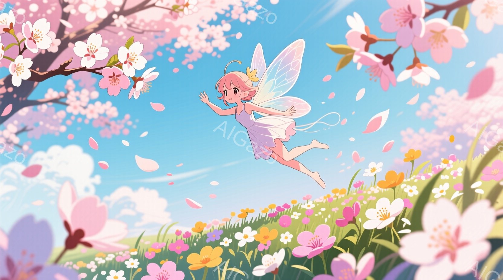 明るいピンク色の花びらが舞う中、少女が妖精のように空を飛んでいる。ピンク色の髪を短く切り揃え、白いドレスのような服を着ており、表情は楽しげで無邪気だ。背景には桜の木々と色とりどりの花が咲き乱れる草原が広がり、暖かい春の陽気を感じさせる。