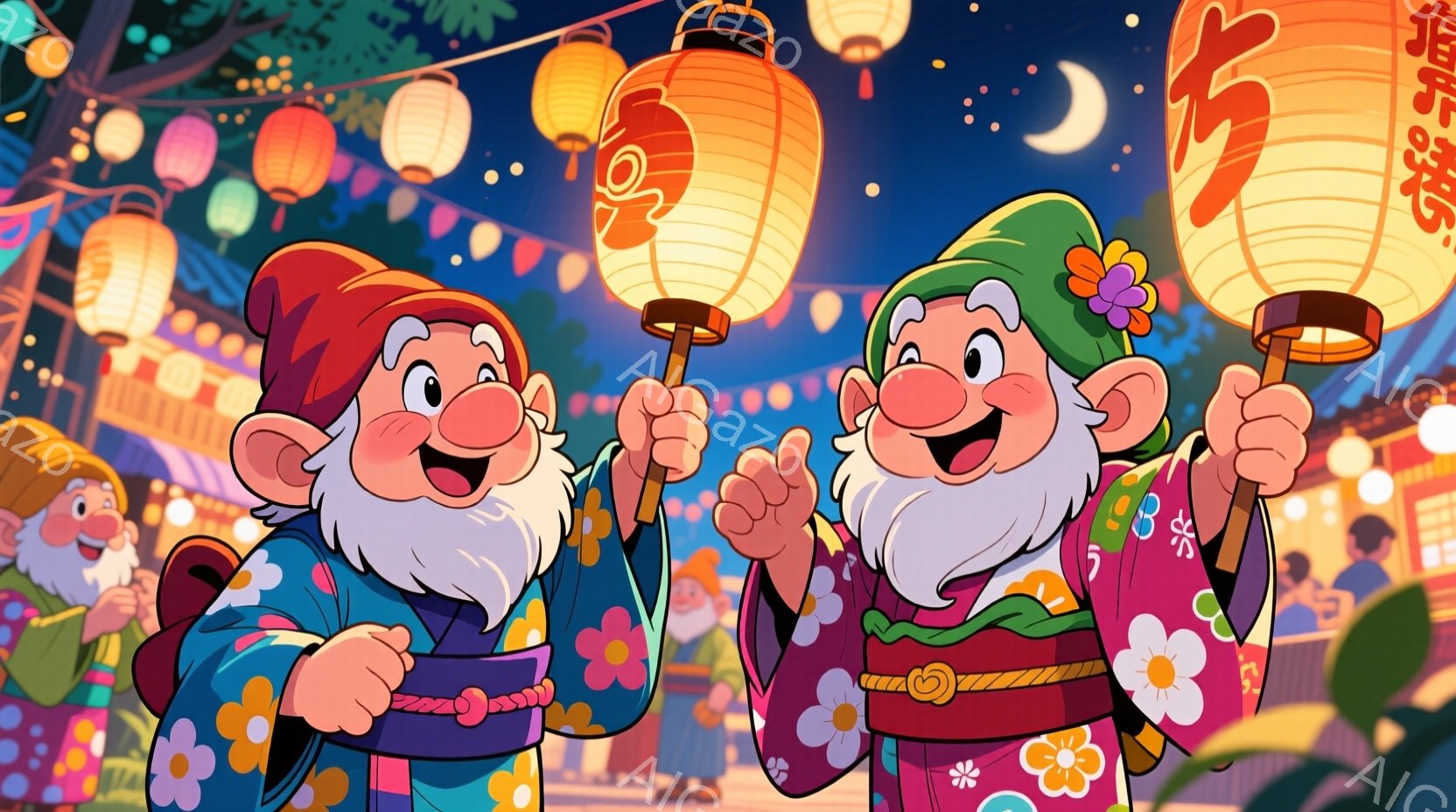 白雪姫の小人が日本の祭り風の服装で描かれており、鮮やかな藍色とピンクの花柄の着物を着ています。彼らはそれぞれ提灯を持ち、満面の笑みを浮かべ、楽しそうに歩いているようです。背景には、提灯が飾られた通りと - AI生成フリー素材