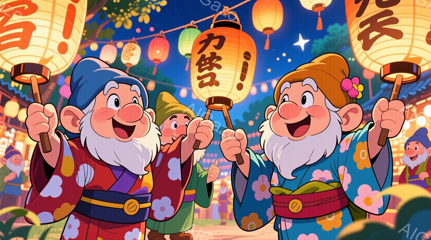 白雪姫の小人が、日本の夏祭りのような背景で描かれています。彼らは鮮やかな藍色の着物と赤い帯を身につけ、満面の笑みを浮かべて提灯を持っています。背景には、提灯が飾られた屋台や緑豊かな木々が見え、お祭りの賑やかで楽しい雰囲気が伝わってきます。