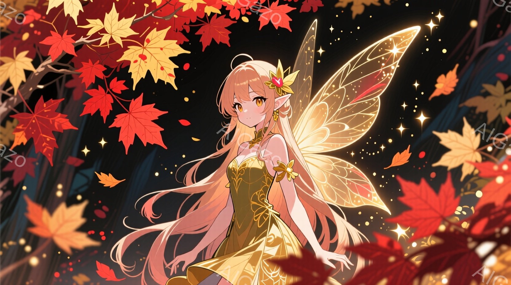 金髪の女性は、黄金色の短いドレスと、繊細な模様が施された透明な羽を持っています。彼女は優雅に片足を前に出し、少し微笑んでいるように見えます。背景は鮮やかな紅葉の葉で覆われ、キラキラとした光が舞い散る幻 - AI生成フリー素材