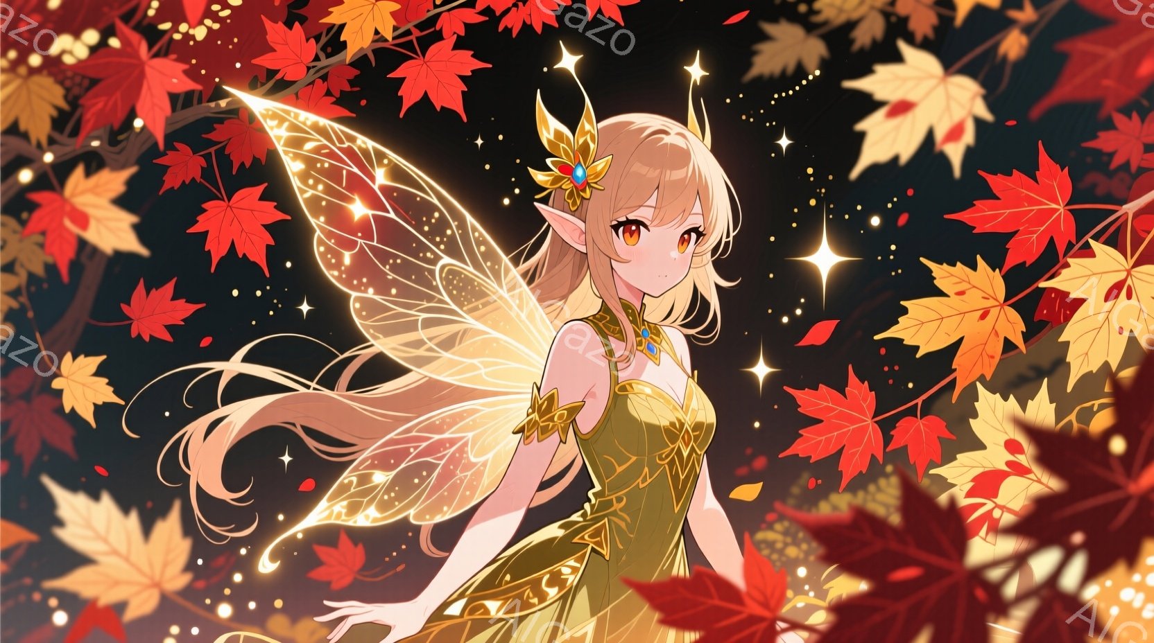 金色の髪と赤い瞳を持つ女性が、緑と金色の装飾が施されたドレスを着て描かれています。彼女は透明感のある羽根を持ち、優雅に腕を広げ、微笑んでいます。背景には、鮮やかな赤や黄色の紅葉が舞い、星のような光が散りばめられ、幻想的な雰囲気を醸し出しています。