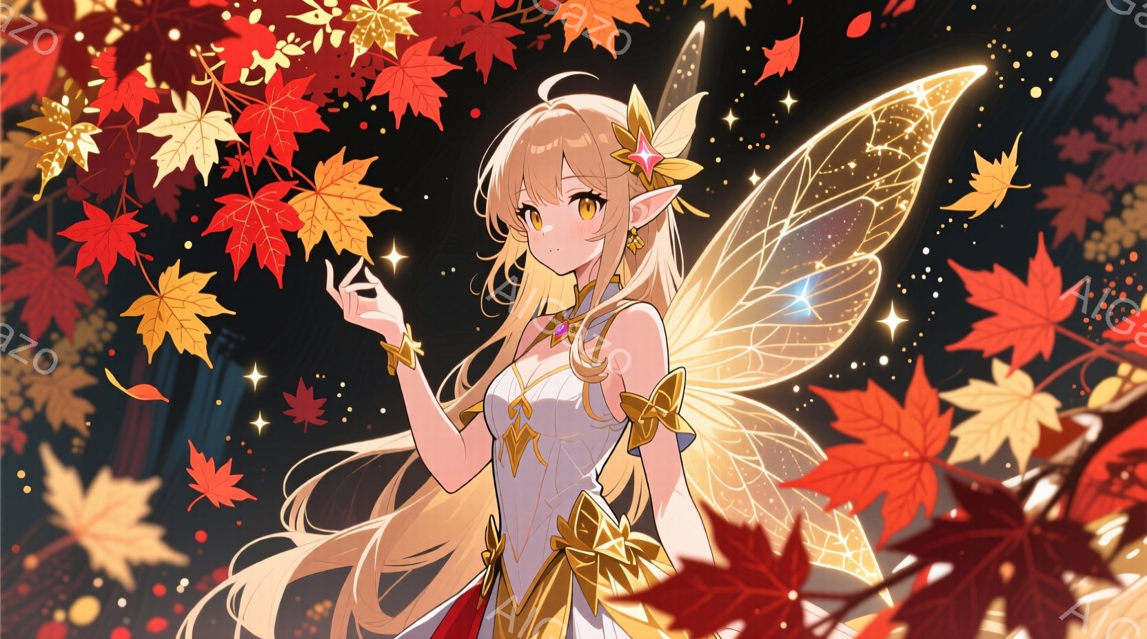長い金髪の女性が、鮮やかな赤い紅葉に囲まれて描かれています。彼女は白と金の装飾が施されたドレスと、繊細な羽根を持つ妖精のような姿で、片手を上げ、指先から光を放っています。背景は暗く、落ち葉が舞い、幻想 - AI生成フリー素材