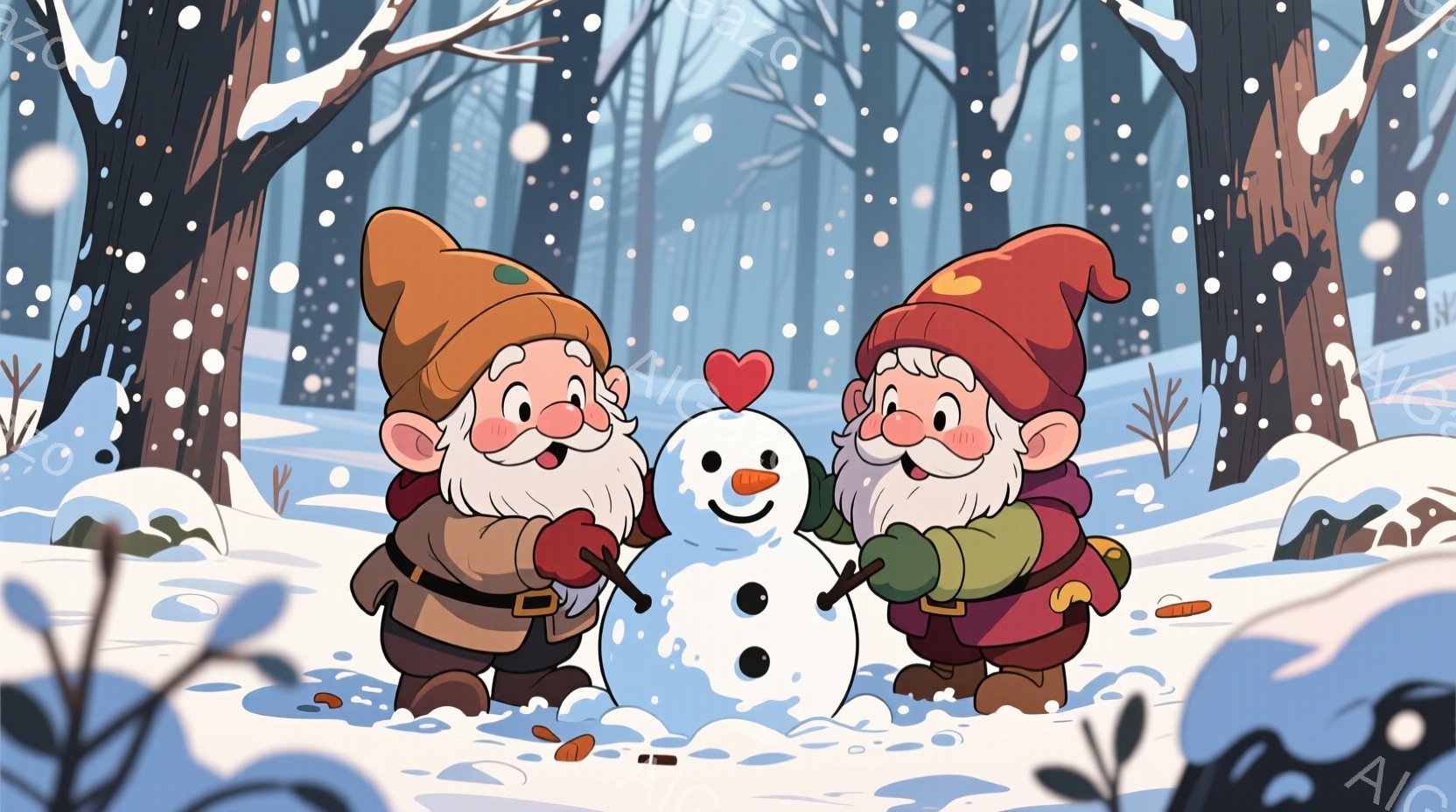 二人の小柄な男たちは、赤い帽子と茶色のコートを着て、雪だるみを作っています。彼らは白いひげを生やし、頬は赤く、楽しそうな表情をしています。背景には雪に覆われた木々と、降り積もる雪が描かれており、温かく、お祝いムード満載の冬の風景です。
