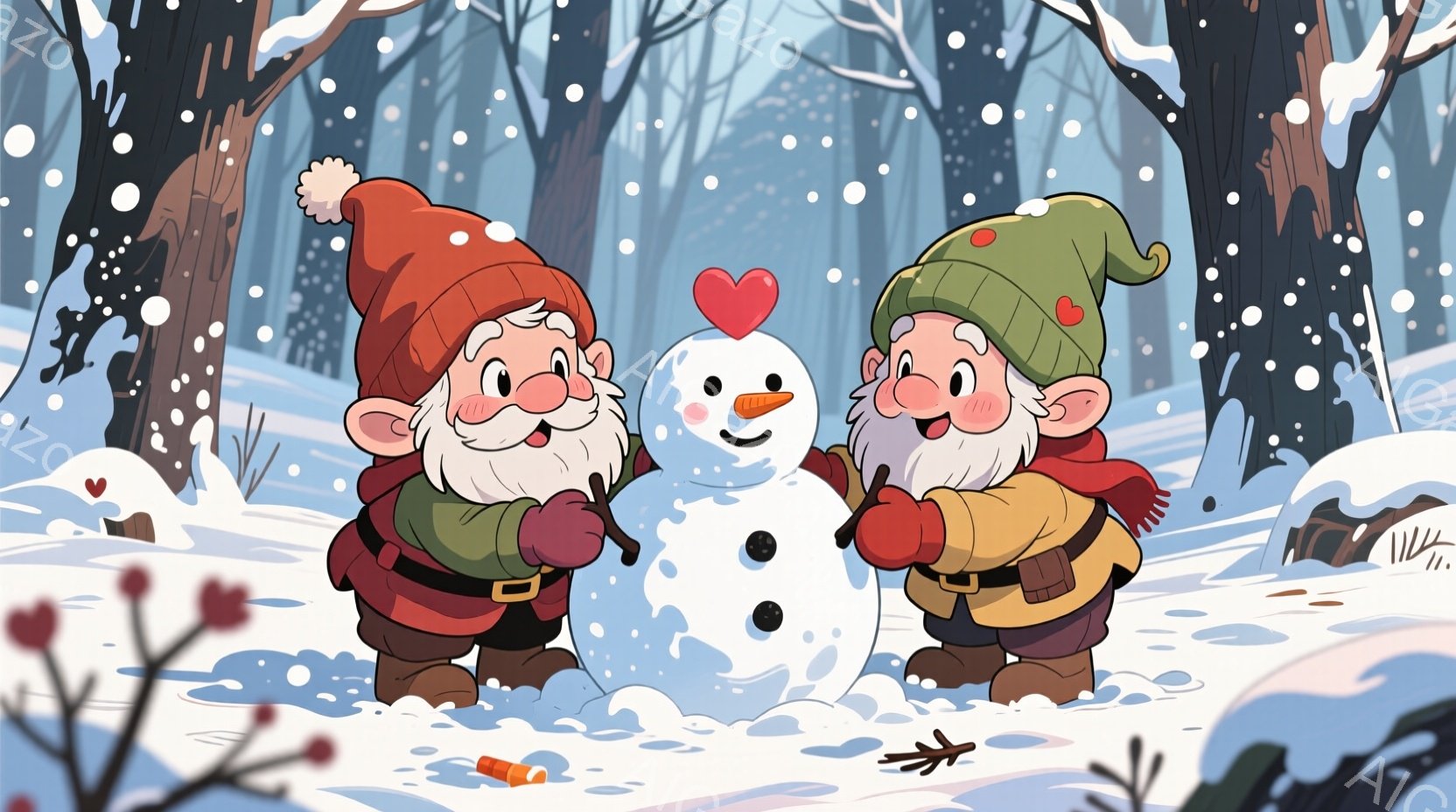 雪景色の中で、赤い帽子と緑の服を着たふたりの男の子が雪だるまを作っています。彼らは笑顔で、雪だるまに人参の鼻とボタンの目、そして赤いハートの飾りをつけています。背景には木々が立ち並び、雪が降っており、温かく楽しい冬の雰囲気が漂っています。