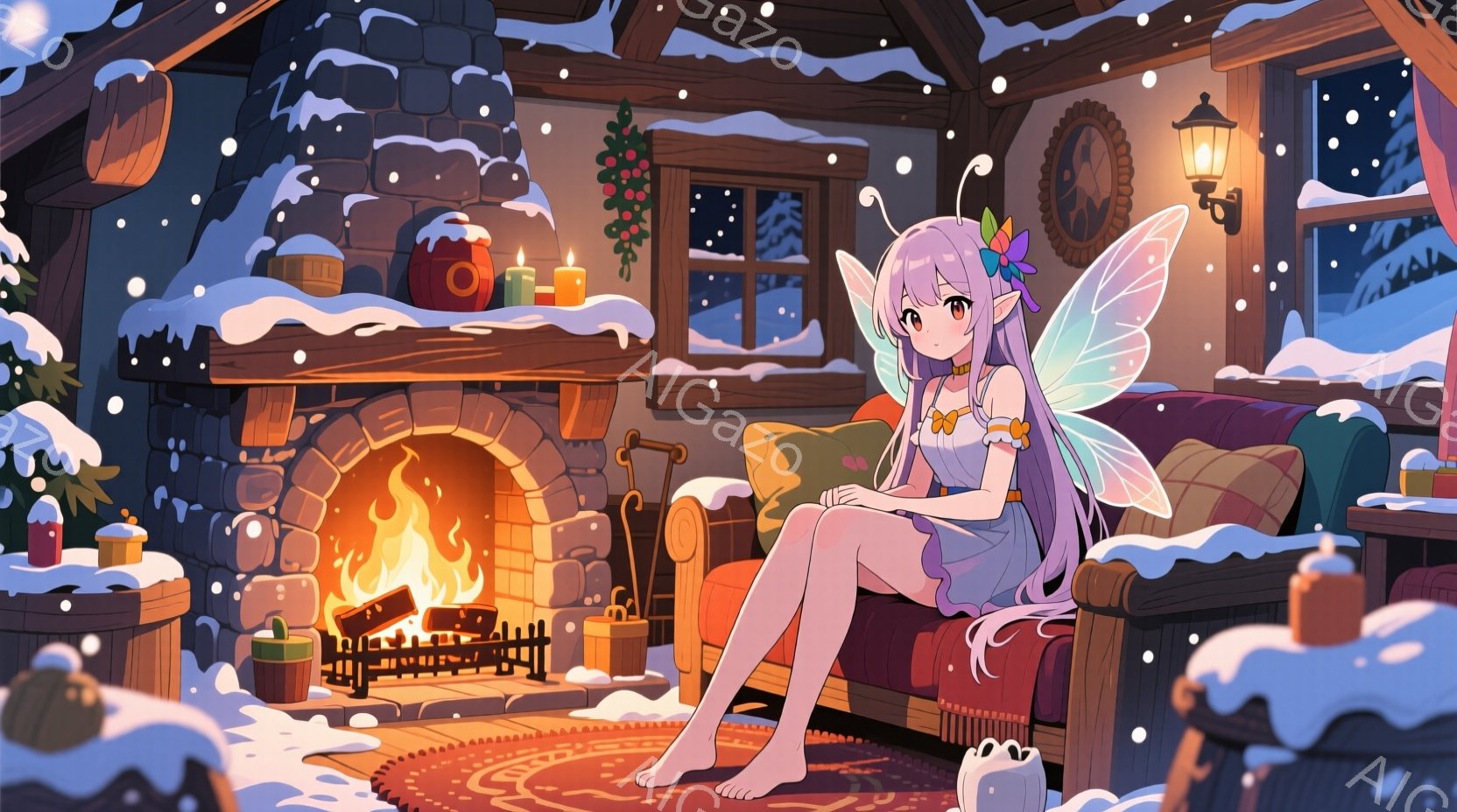 雪が降る夜の暖炉の前で、羽を持つ少女がソファに座っている。彼女は水色のドレスと黄色いリボンで髪を結い、素足でリラックスしたポーズをとっている。背景には暖炉、本、そして雪景色が見え、全体的に暖かく、静か - AI生成フリー素材