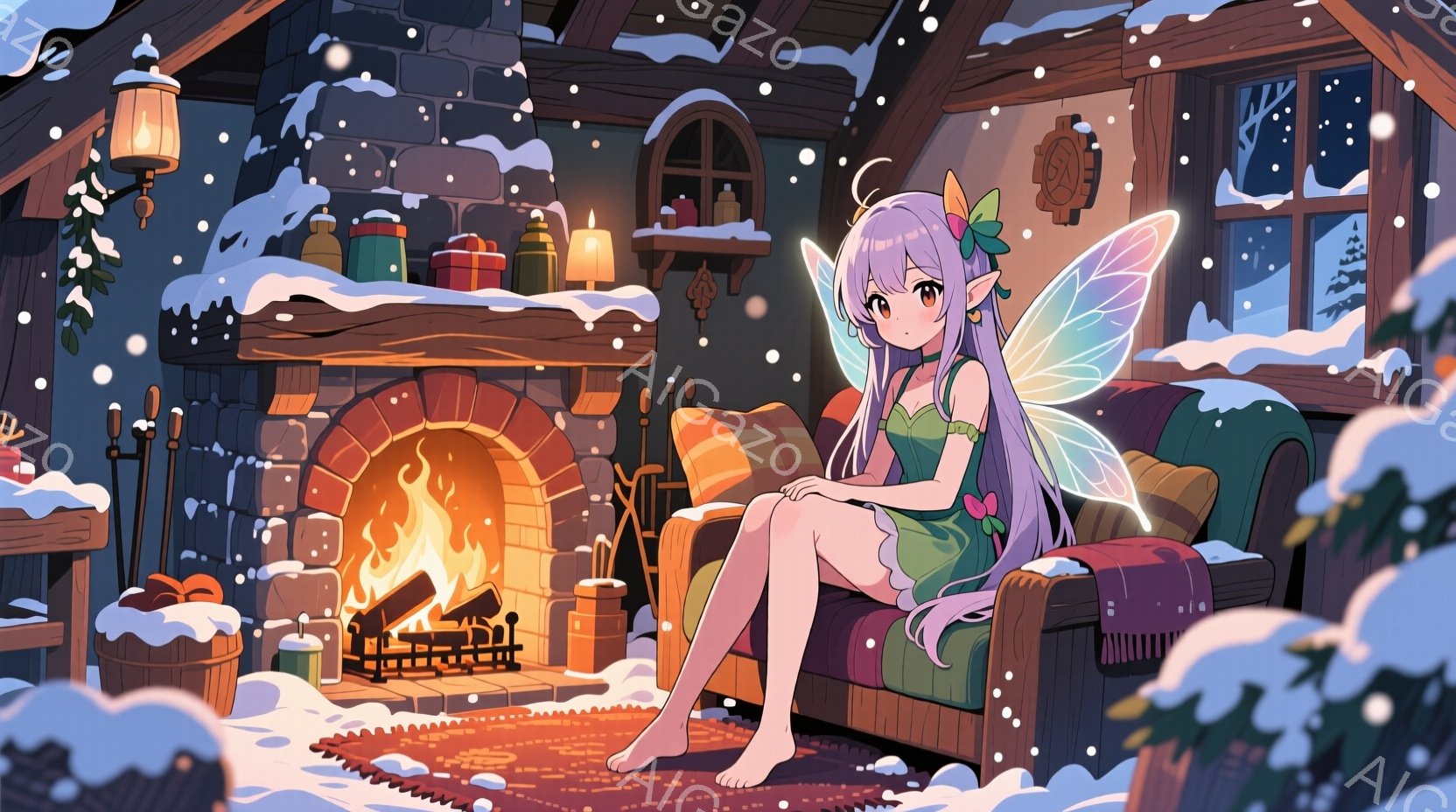 長い銀髪に緑色のリボンをつけた少女が、暖炉のそばのソファに座っている。彼女は薄緑色のドレスを着ており、背中には半透明の白い羽が生えている。背景にはクリスマスプレゼントやキャンドルが置かれた暖炉、雪が降る窓と木々が見え、暖かい雰囲気の中でリラックスした様子が描かれている。