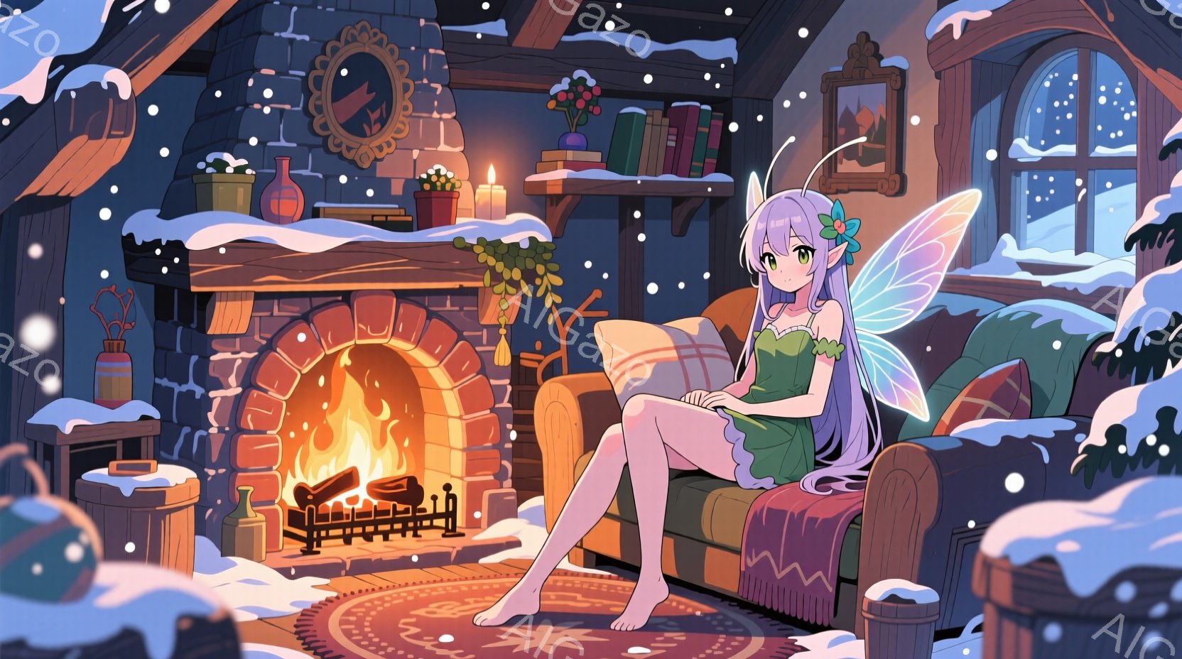 白髪で長い髪の女性が、緑色のドレスを着て、暖炉の前のソファに座っている。彼女は片足を曲げて座り、優雅な姿勢でリラックスしている様子で、穏やかな微笑みを浮かべている。背景には、雪が降る森が見える窓、本棚、暖炉、そして装飾が施された居心地の良い室内が描かれており、全体的に暖かく、静かで、冬の夜の落ち着いた雰囲気が漂っている。