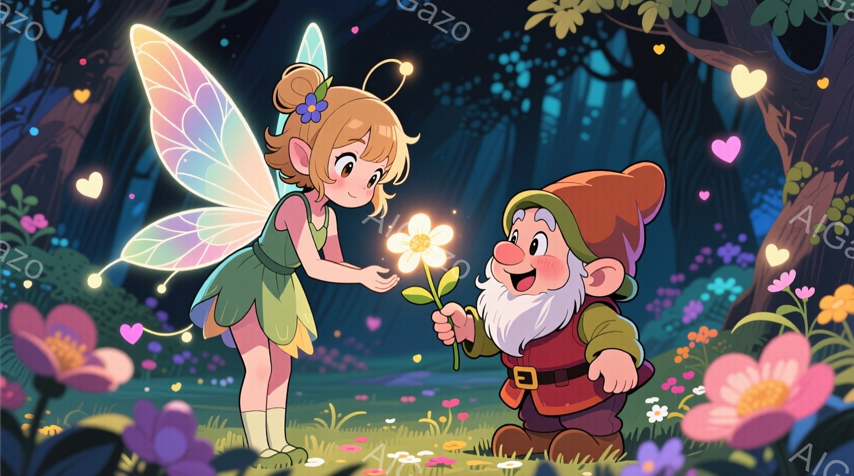 金髪の巻き毛に緑色のドレスを着た妖精の少女が、片手に黄色い花を差し出しています。ひげを生やしたオレンジ色の帽子をかぶった小人が、満面の笑みで花を受け取ろうとしています。背景には、ピンクや紫の花々が咲き - AI生成フリー素材