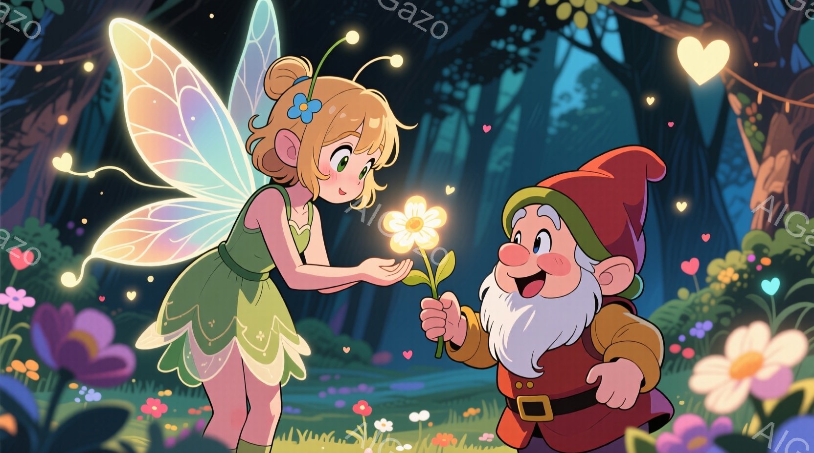 魔法の世界を表すアニメーションです。登場人物は、翼を持つフェアリーと小さなサンタクロースです。フェアリーは優美なポーズで描かれ、髪は長く、耳にもウィングが生えています。サンタクロースは笑顔でおばけな表情をしており、手を差し伸べ、フェアリーから花を受け取っています。