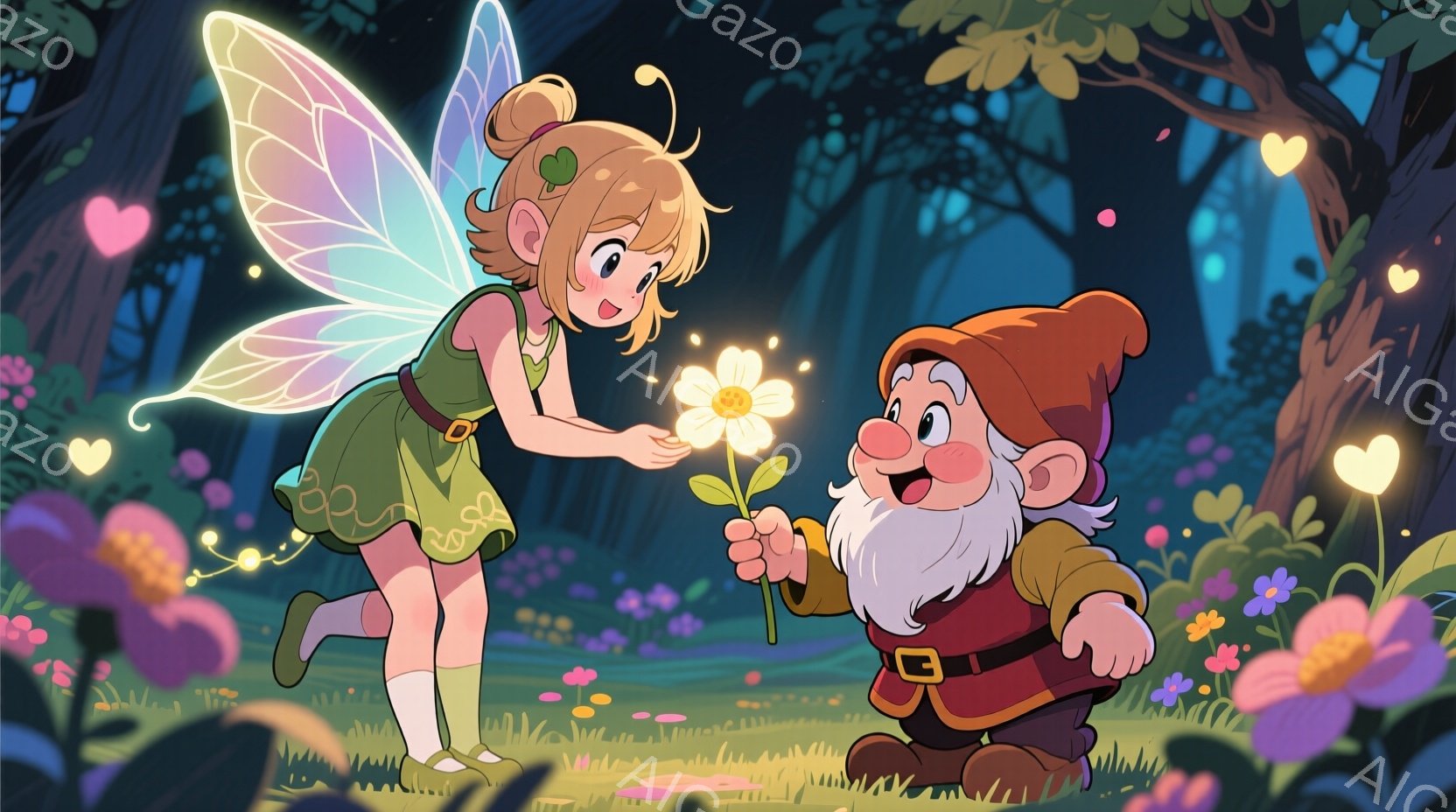 緑色のドレスと黄緑色の靴下を身につけた妖精が、輝く花をひざまずいている白ひげの小人に差し出しています。小人は赤い帽子とベルトを身につけ、満面の笑みを浮かべています。背景は緑豊かな森で、夜間に輝く花々や - AI生成フリー素材