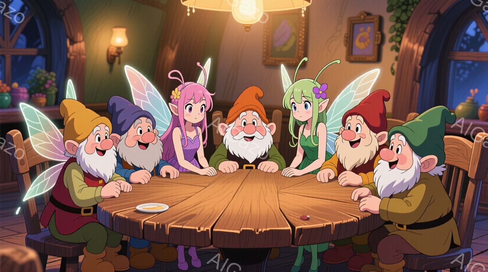 暖炉のある木のテーブルを囲んで、小柄な男たちと若い女性たちが座っています。男たちは皆、緑、赤、黄色の服を着て、白いひげを生やし、笑顔でテーブルを見つめています。若い女性はピンクと緑の髪で、妖精のような羽を持っており、テーブルの真ん中に座って微笑んでいます。