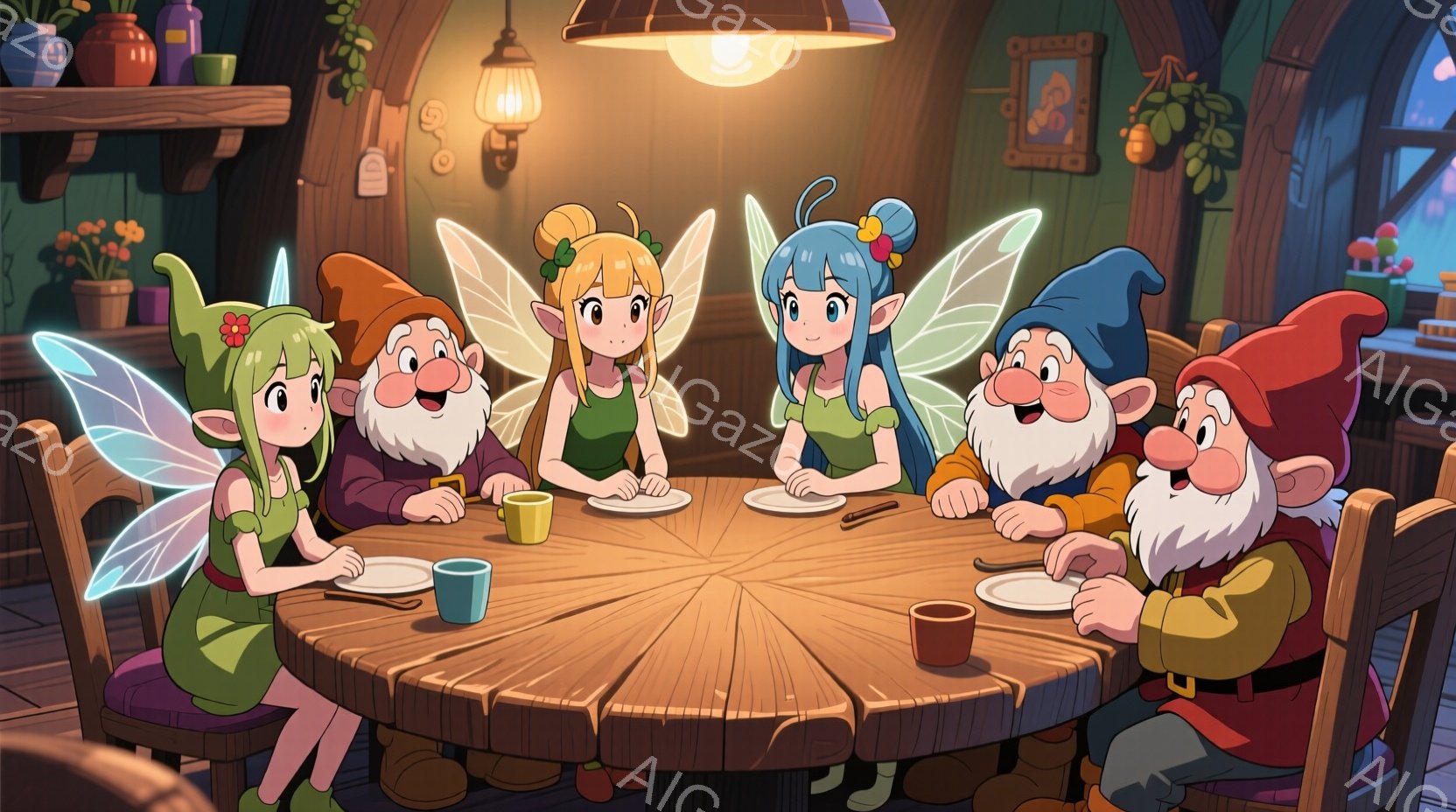 小さな妖精のような少女と白ひげの小人たちが円形の木のテーブルを囲んで食事をしている様子が描かれています。少女たちはそれぞれ緑色、金色、水色の髪と、透明な羽を持っており、楽しそうな表情をしています。背景 - AI生成フリー素材