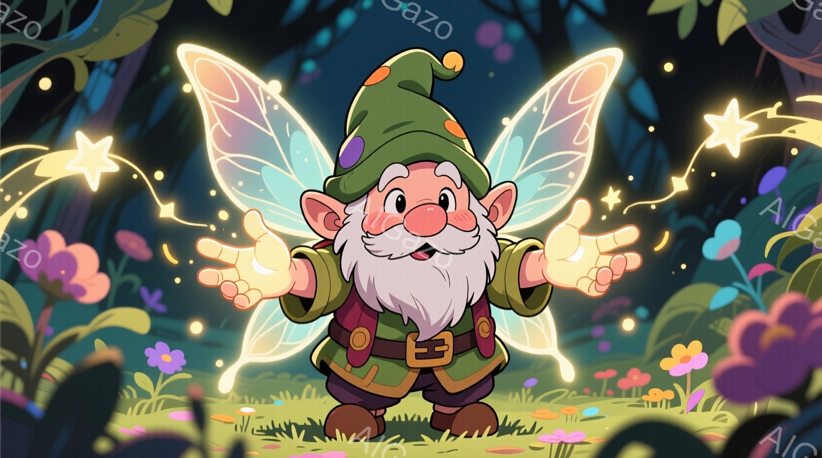 緑色の帽子と茶色の服を着た小さな妖精のような男が描かれています。彼は両手を広げ、周りにはキラキラと輝く光の粒子や星が舞い、優しい笑顔を浮かべています。背景には紫やピンクの花々が咲き乱れ、緑豊かな草地が - AI生成フリー素材