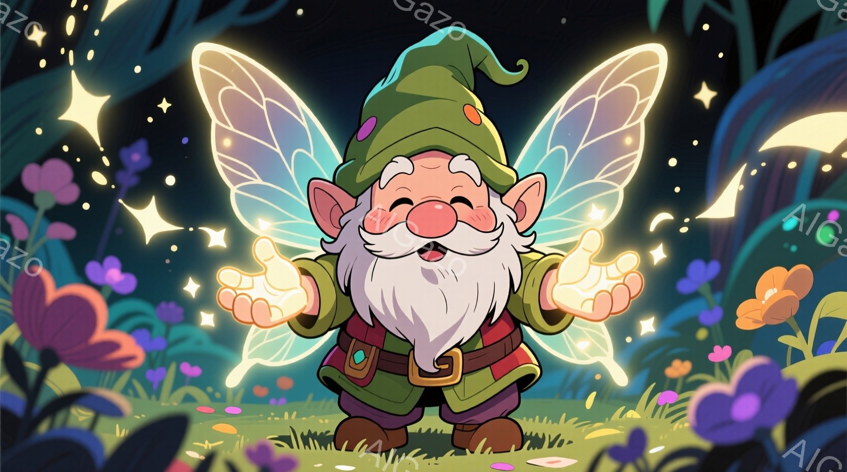 白いひげを蓄えた小柄な妖精が、緑色の帽子と赤茶色のベスト姿で描かれている。両手を広げ、掌から光を放ち、嬉しそうな表情を浮かべている。背景には色とりどりの花々が生い茂り、星が輝く夜の森の幻想的な雰囲気を - AI生成フリー素材